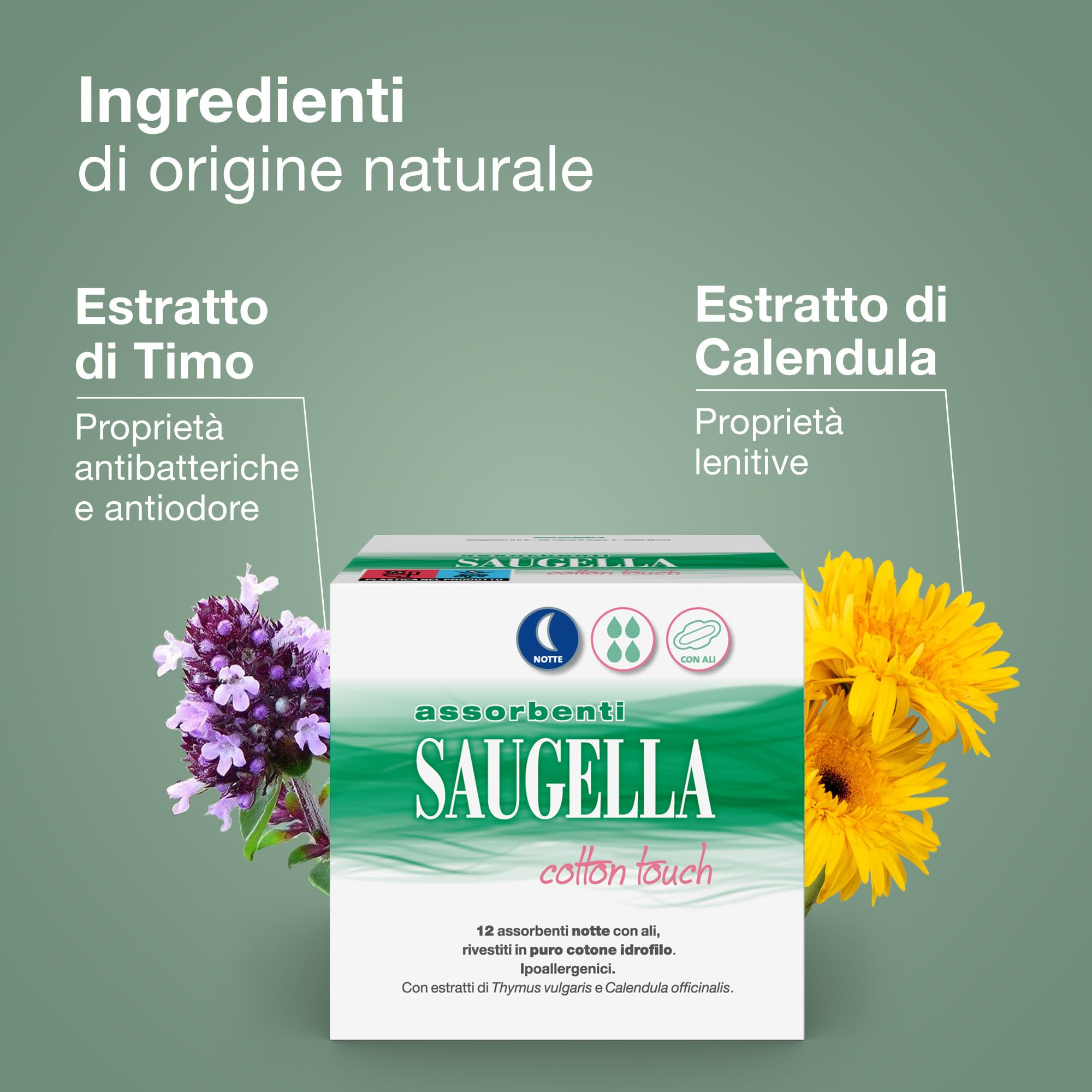 Saugella Assorbenti Cotton Touch Notte, 36 Assorbenti Cotone Notte con Ali, Azione Antibatterica, Antiodore e Lenitiva
