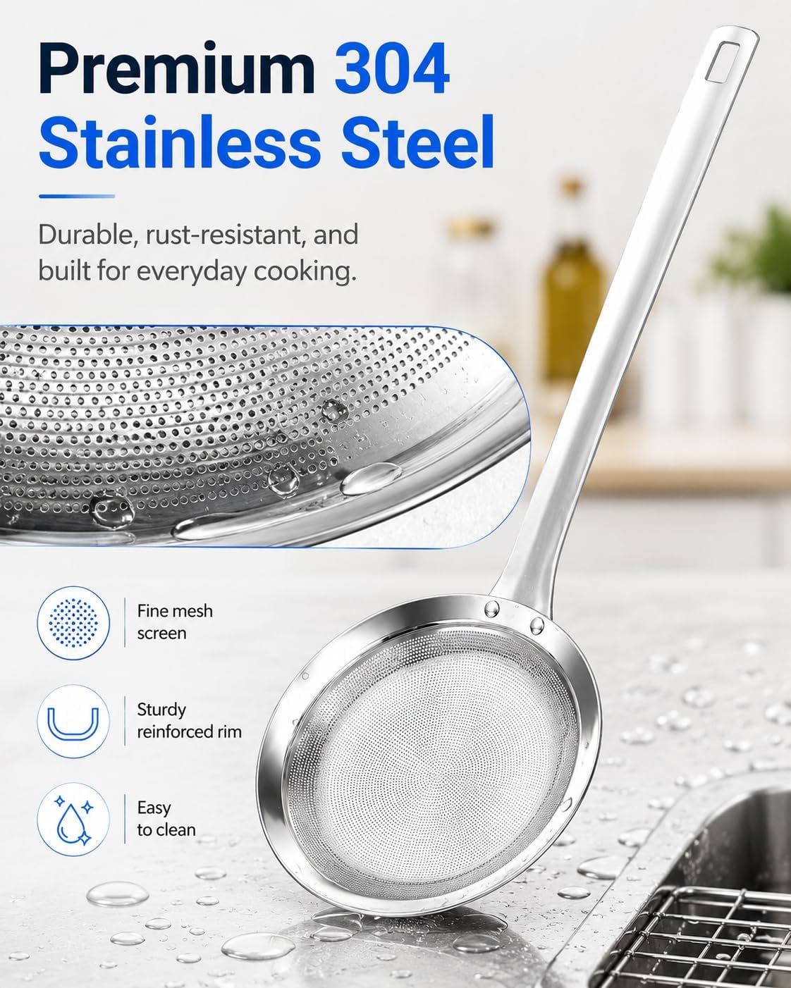 Hot Pot Fat Skimmer Spoon, Stainless Steel Fine Mesh Strainer Spoon for Skimming Grease, Foam & Soup Scum, 3.1 Inch Round Food Strainer for Hot Pot, Broth, Frying, Cooking
