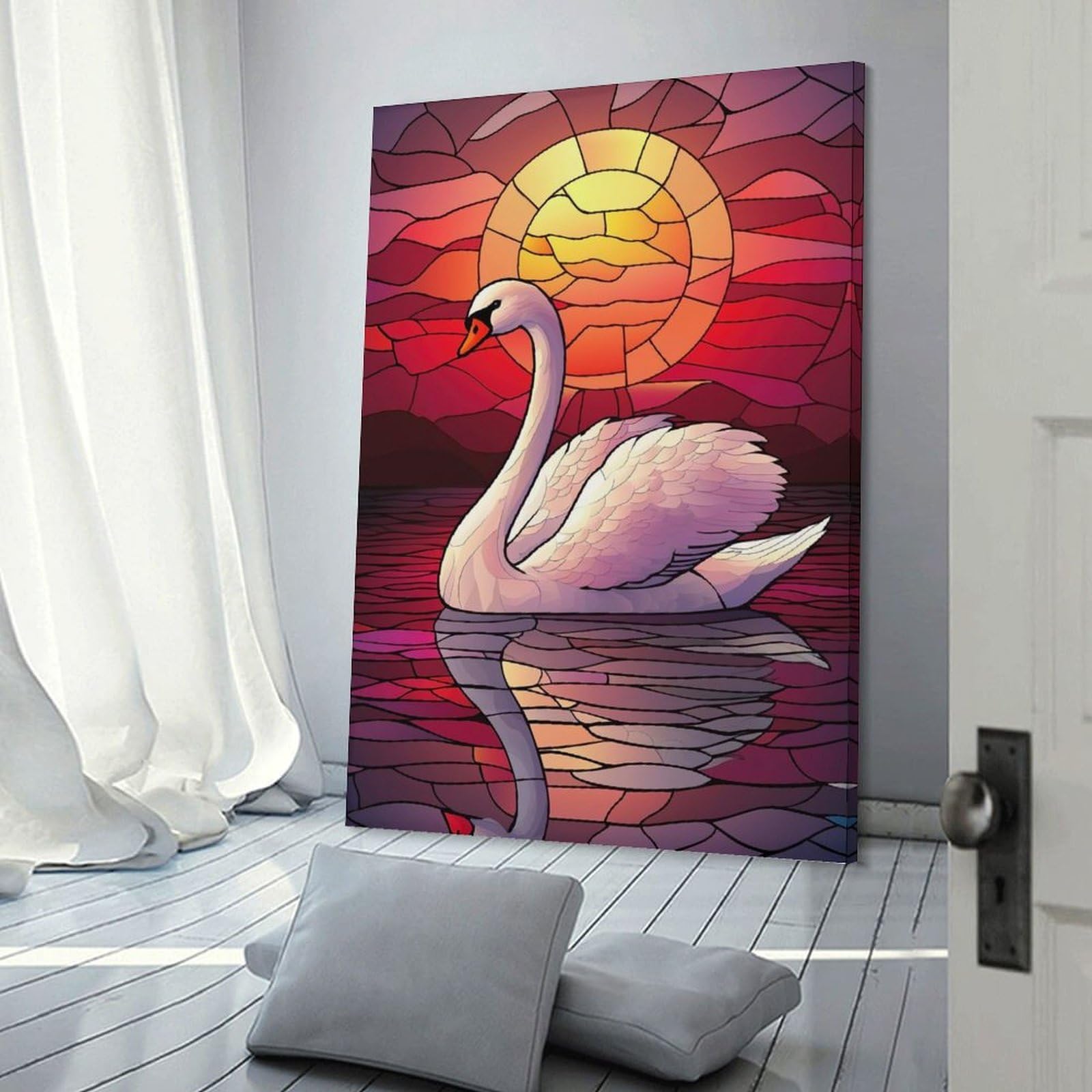 Swan Sunset Stained Glass Canvas Wall Art, 24x36inch(60x90cm), for Bedroom Decor, Cosy Corners Or Studios, Stylish Decor for A Restful Room Update