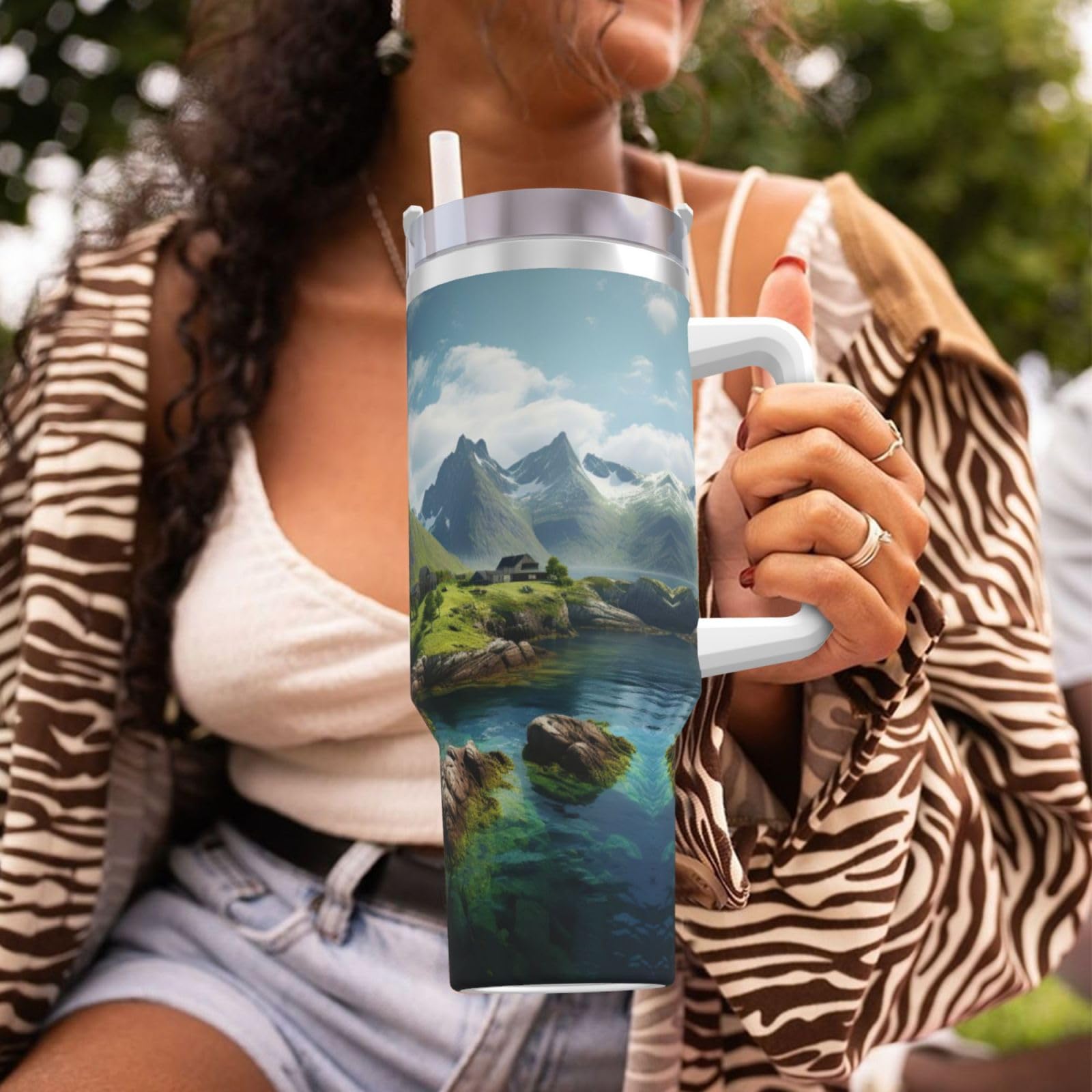 Norway Islands Ice Bully Doppelwandige isolierte Wasserflasche mit Griff und Strohhalm-Deckel, 1,2 l
