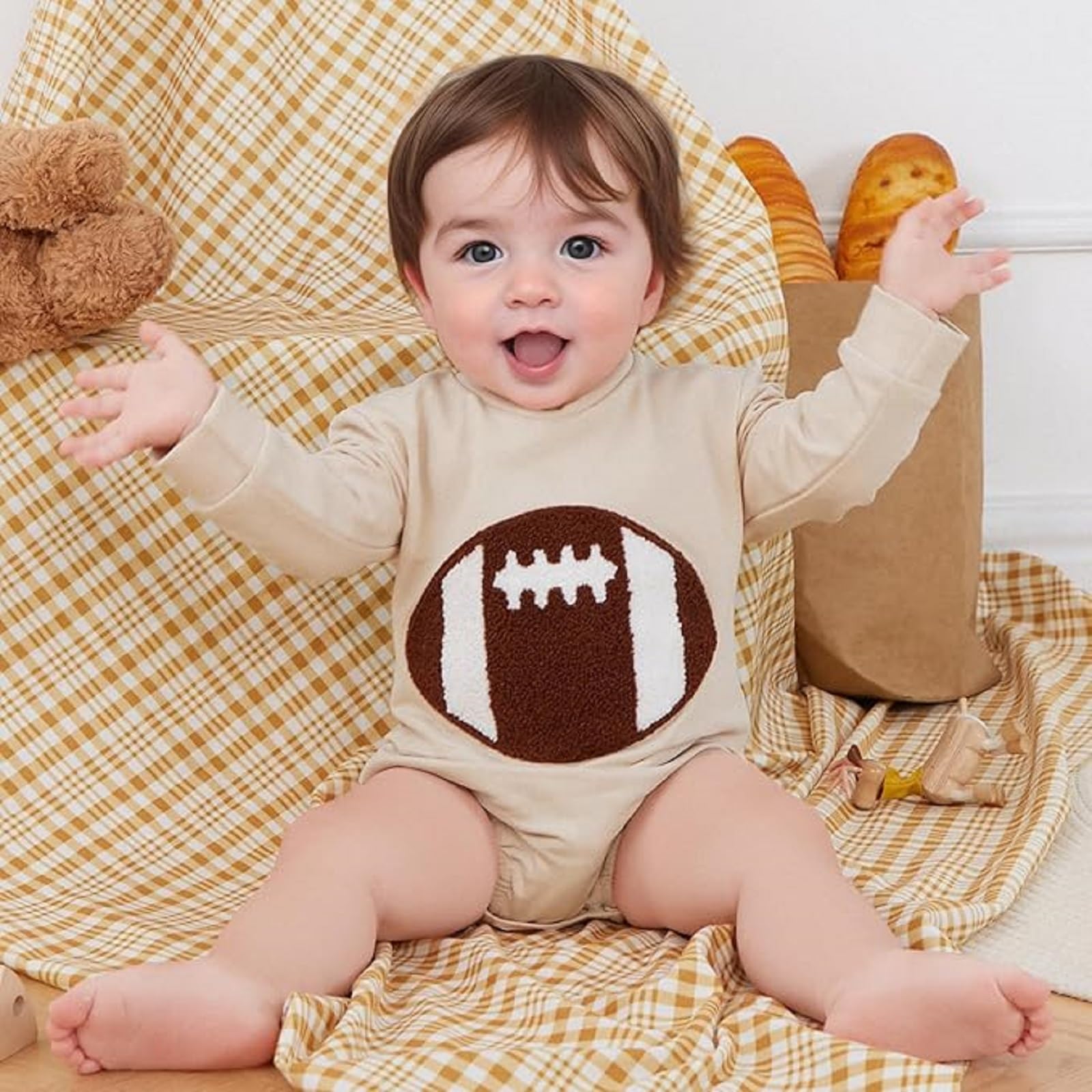 Sasaerucure Infant Baby Game Day Outfit Baby Boy Girl Long Sleeve Romper One Piece Football Onesie Newborn Winter Clothes (Apricot, 0-3 Months)