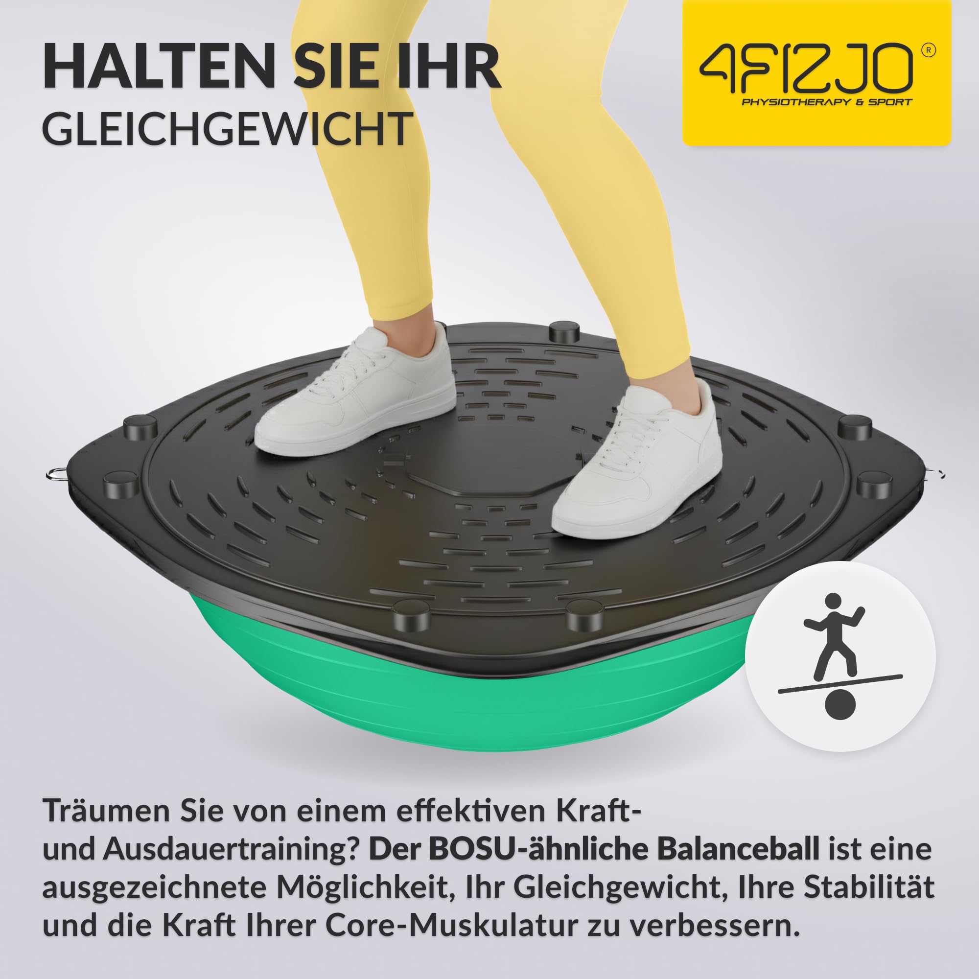 4FIZJO Balance Ball Trainer 60cm Anti-Rutsch, Halbkuge, Gymnastikball für Yoga Fitness, mit Widerstandsbändern, Pumpe, Gleichgewichtstraining, Krafttraining, Fitnessball