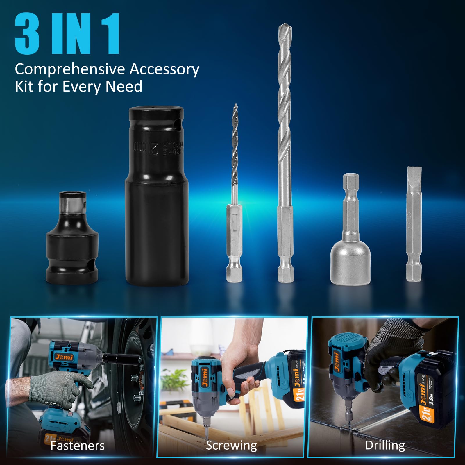 Chiave a urto senza fili 21V 1000Nm, avvitatore a urto 1/2", avvitatore con 2 batterie da 3000 mAh, motore senza spazzole, kit completo accessori, LED