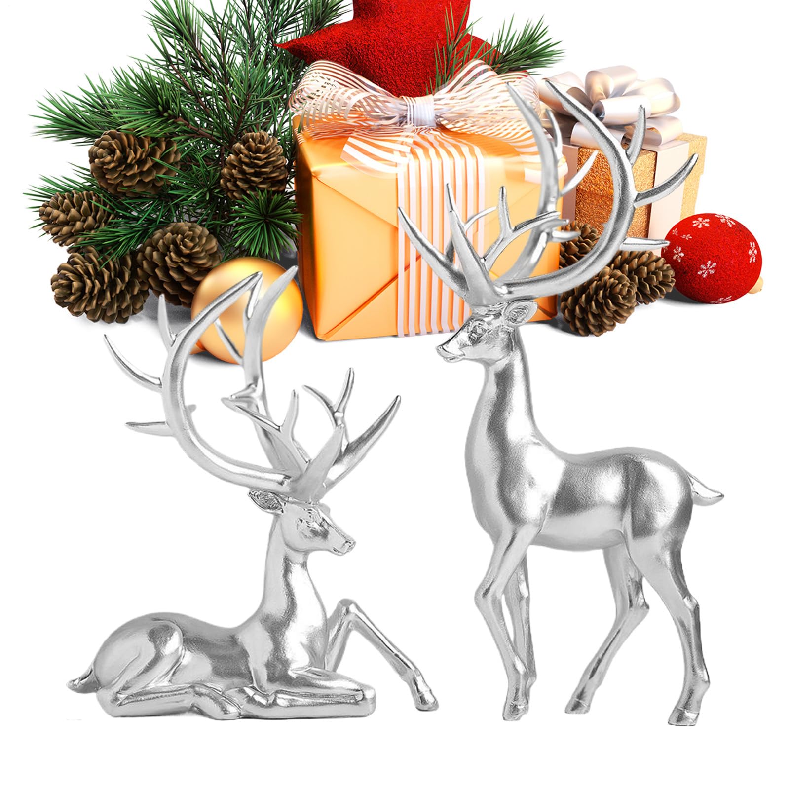 Figurine de Cerf de Noël 2 Pièces Décoration Table Sculptures en Résine
