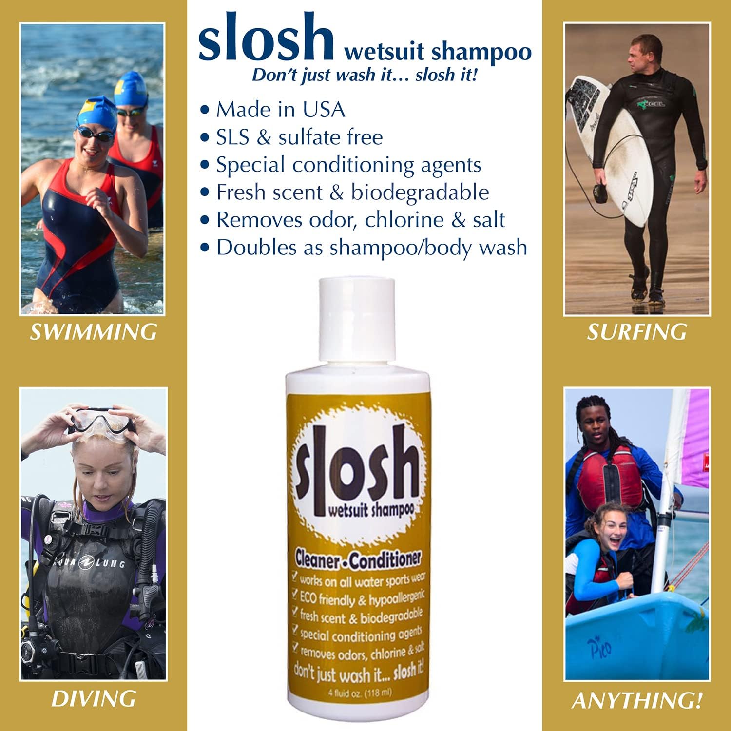 JAWS Just Add Water Solutions Slosh Wetsuit Cleaner Conditioner, 4 Ounce : Sports & Outdoors
