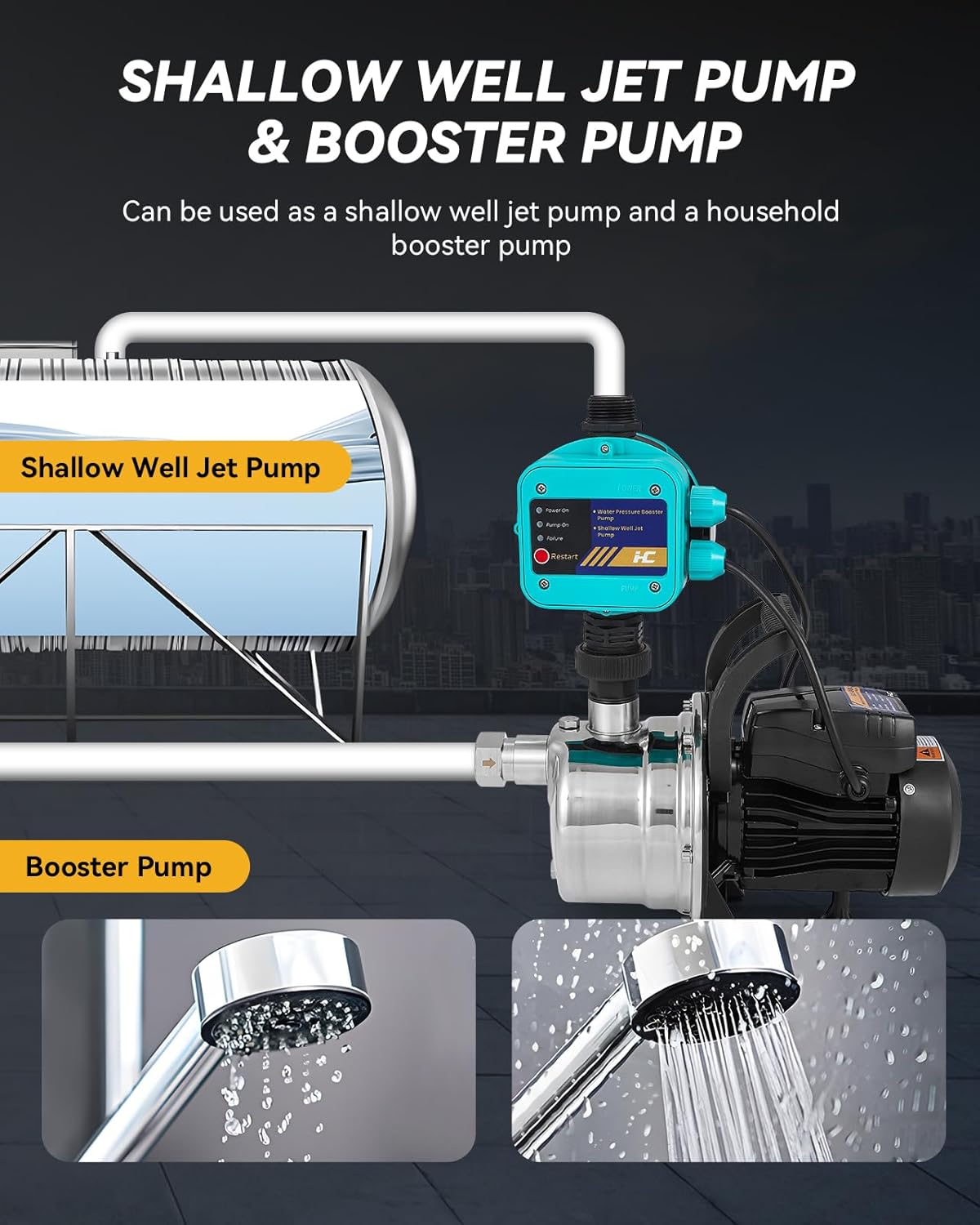 Hanchen 2-IN-1 Water Pressure Booster Pump with Controller, Automatic Shallow Well Jet Pump for Home Garden, 607 GPH Self-Priming Boosting Pump 110V