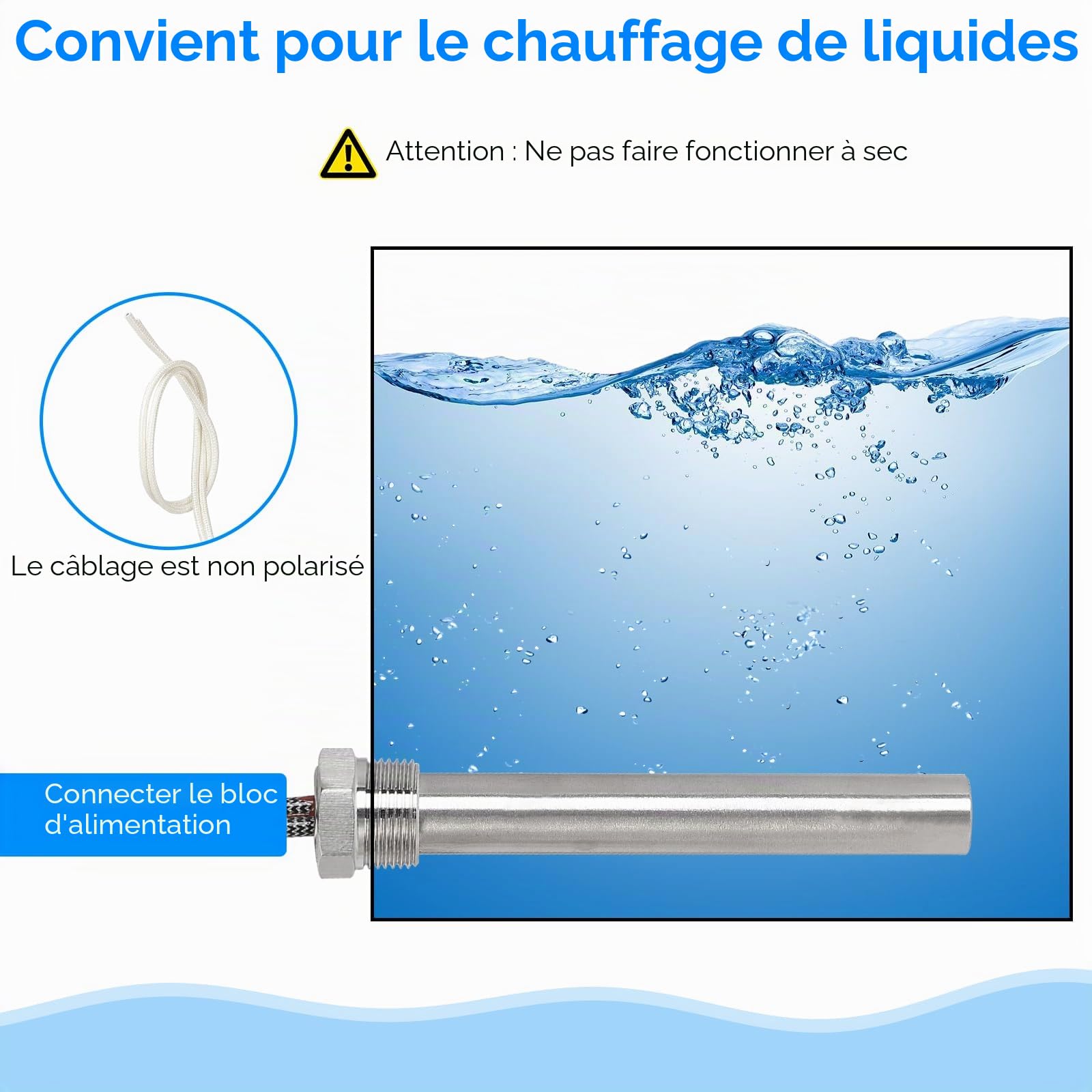 CPROSP Cartouche Chauffante 220V - 500W avec Bride de 1/2", Tige Chauffante en Acier Inoxydable 150mm, Radiateur Immersif Multi-usages avec Câble de 300mm