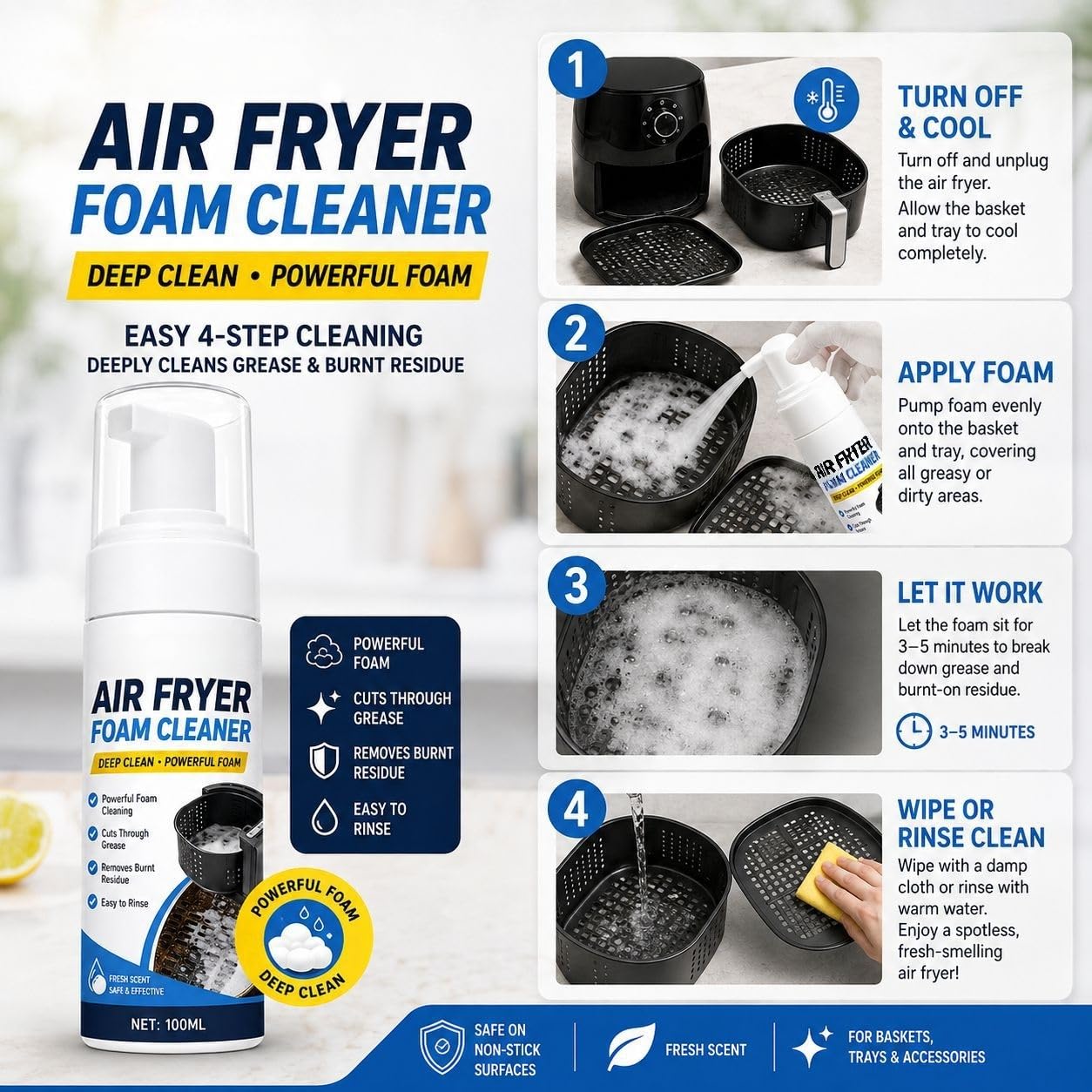 Spray limpiador de espuma 2 en 1 para freidora de aire, potente spray de espuma desengrasante de cocina, seguro para cestas antiadherentes, limpia el elemento calefactor, elimina alimentos y aceite