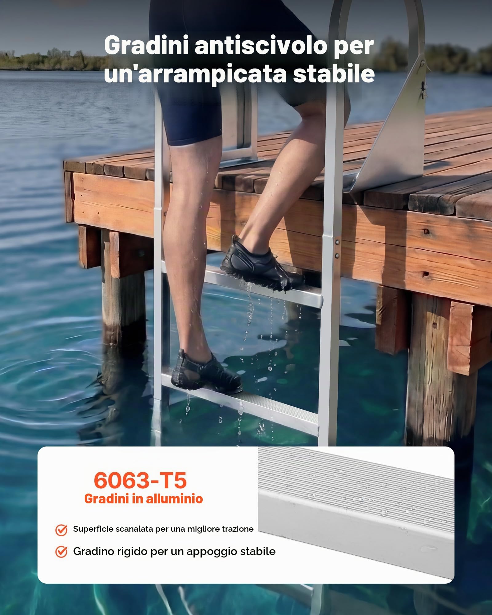 VEVOR Scaletta Ribaltabile per Molo, Scaletta Dritta da Pontile, 4 Gradini Larghi Antiscivolo, con Corda di Sollevamento, Portata Massima 159 kg, Struttura in Lega di Alluminio, per Barche a Pontone