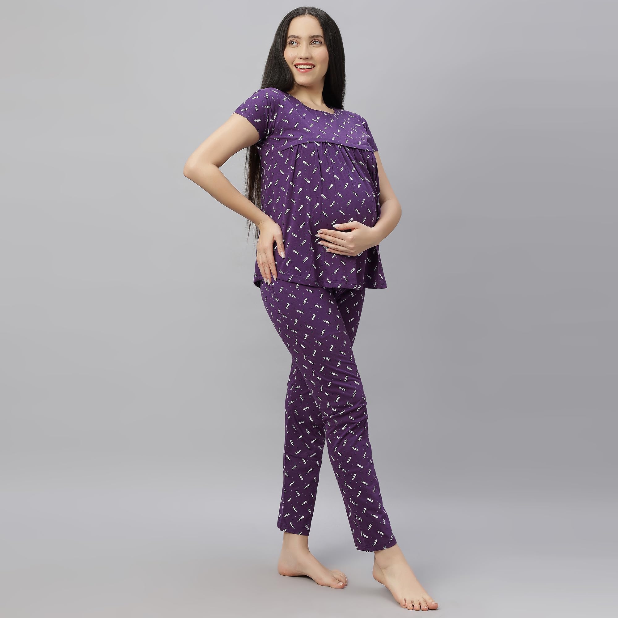 DZZO Women's Cotton Printed Maternity Night Suit | Comfortable Feeding Night Dress | Soft & Breathable Nursing Pajama Set | Color - Purple, Size - XL - Image 3 thumbnail