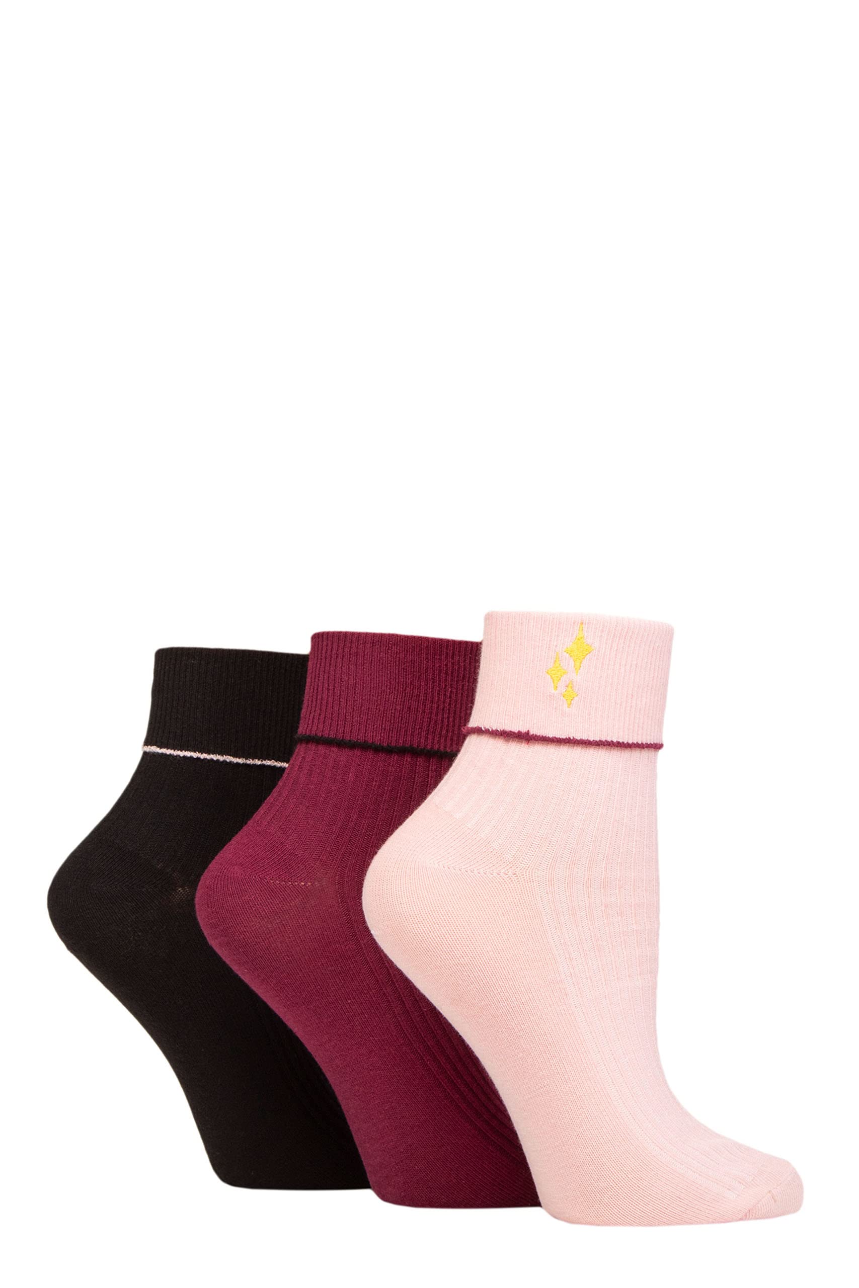 SockShop Wildfeet Ladies Turn Over Top Socks Pack of 3 Sparkle 4-8