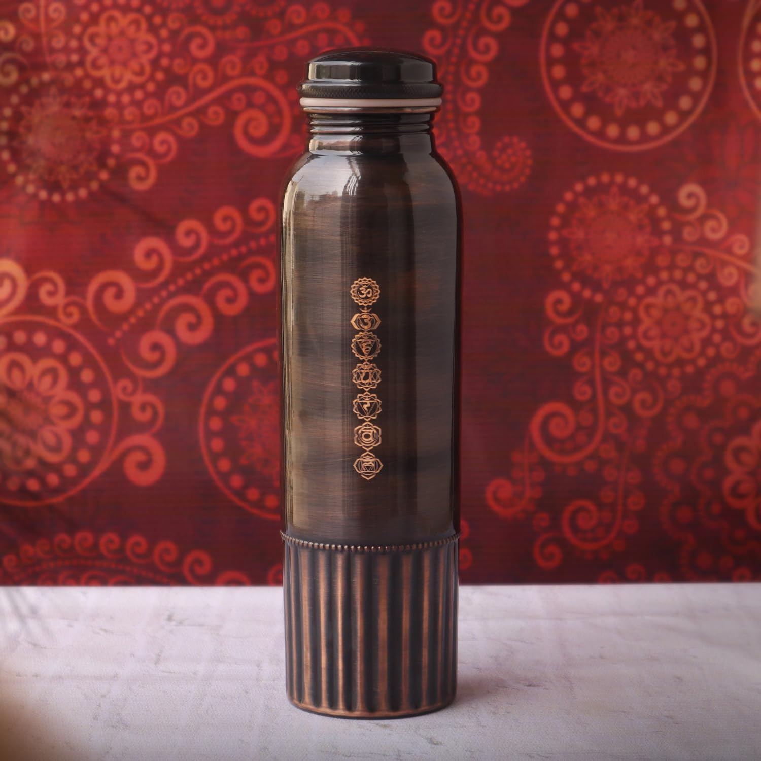 Pure Copper Bottle PREMIUM ANTIQUE Finish 7 Chakras, 950 Ml (32.12 Fl Oz) Capacity For Ayurveda Health Benefits