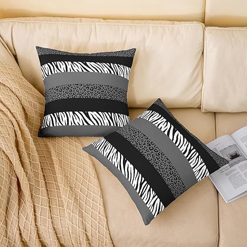 Miniatura 2 de Leopard Print Throw Pillow Covers 24x24 Inch Set of 2 Gray Black White Stripes Modern Simple Cushion Covers for Kids Teens Adults Wild Animal Skin