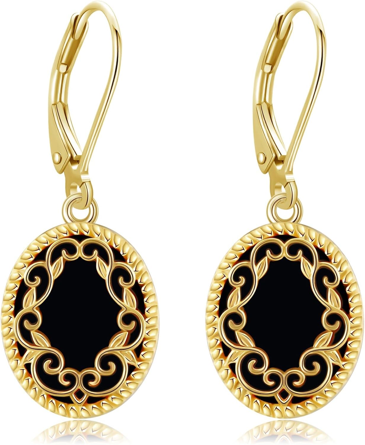 Black Onyx Earrings Sterling Silver Filigree Dangle Drop Earrings for Women 18K Yellow Gold Plated Black Onyx Jewelry Gifts for Women