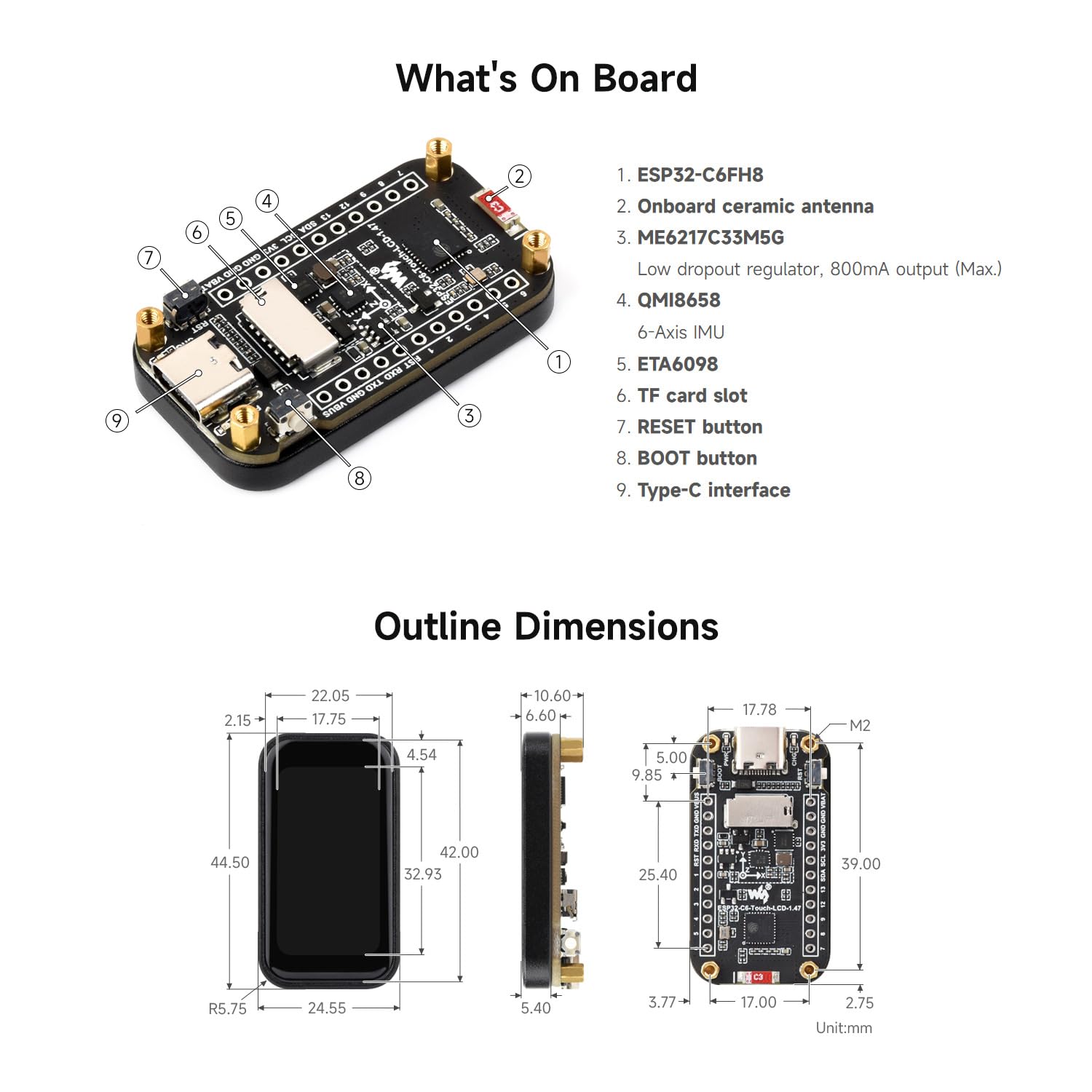 Waveshare ESP32-C6 1.47inch Touch Display Development Board(Without pinheader), 172x320 Resolution, 262K Display Color, Supports Wi-Fi 6 / BLE 5, 160MHz RISC-V Processor