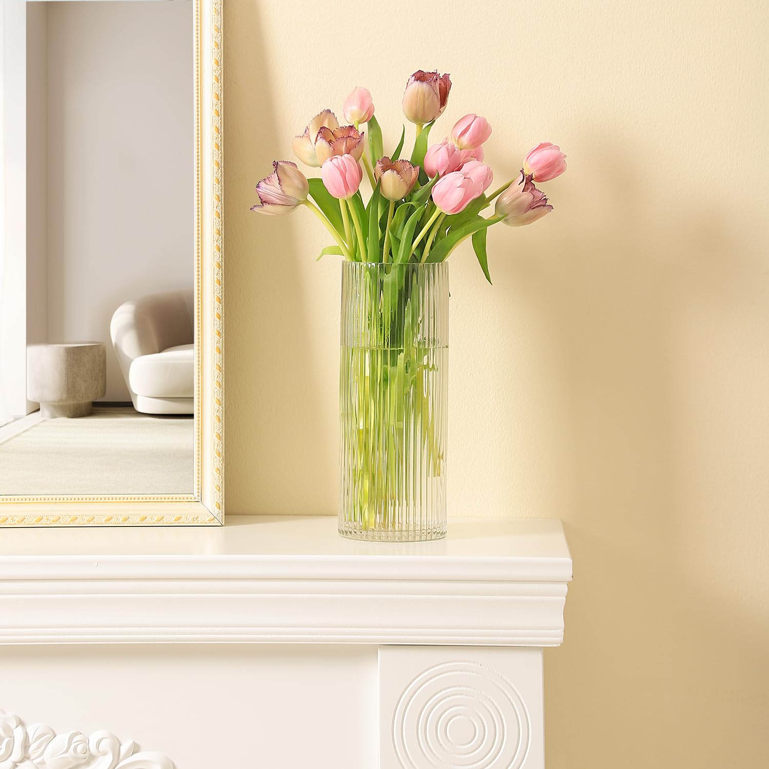 Hewory Geribbelde glazen vaas voor bloemen: 20 cm grote vaas heldere bloemenvazen voor woonkamer - kristalglazen vazen voor decor tafel middelpunt woondecoratie
