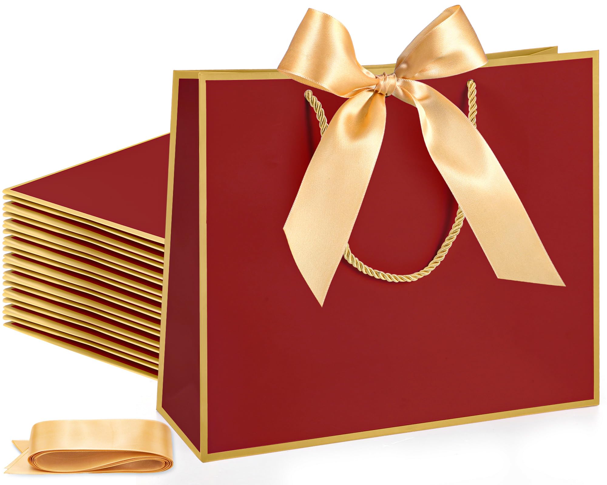 Silkfly 12 Pcs Gift Bags with Handles for Bridesmaid, 12x10x4'' Wedding Welcome Elegant Gift Bags with Bow Ribbon for Graduation Groomsmen Women Baby Shower Birthday Housewarming (Burgundy Red)