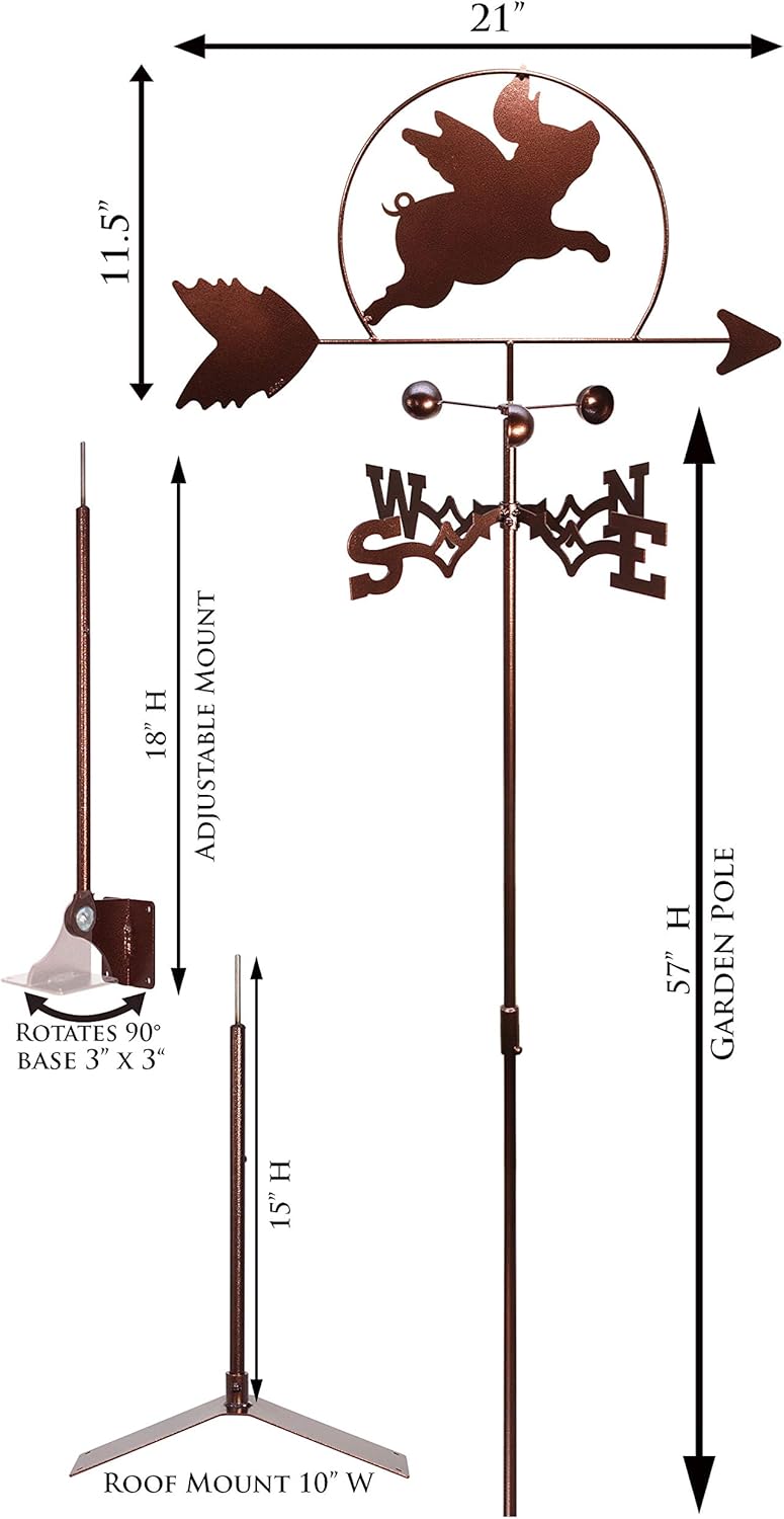SWEN Products Flying Pig Piggy Weathervane (Garden Stake Included)