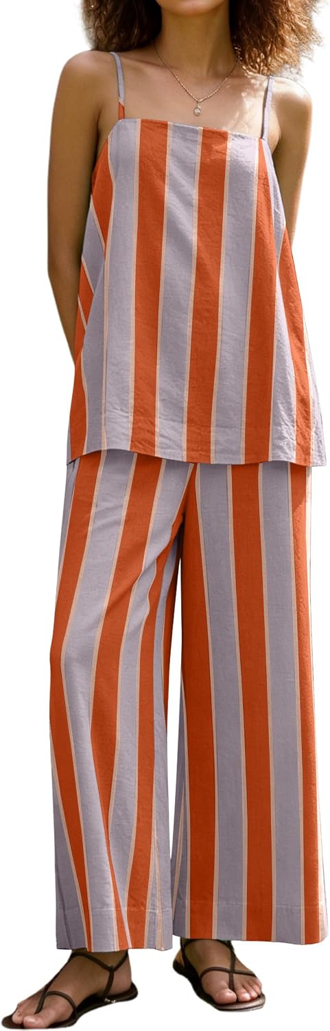 calbatic Linen Sets for Women 2 Piece Summer Striped Lounge Set Square Neck Cami Top Wide Leg Pants Vacation Beach Outfits