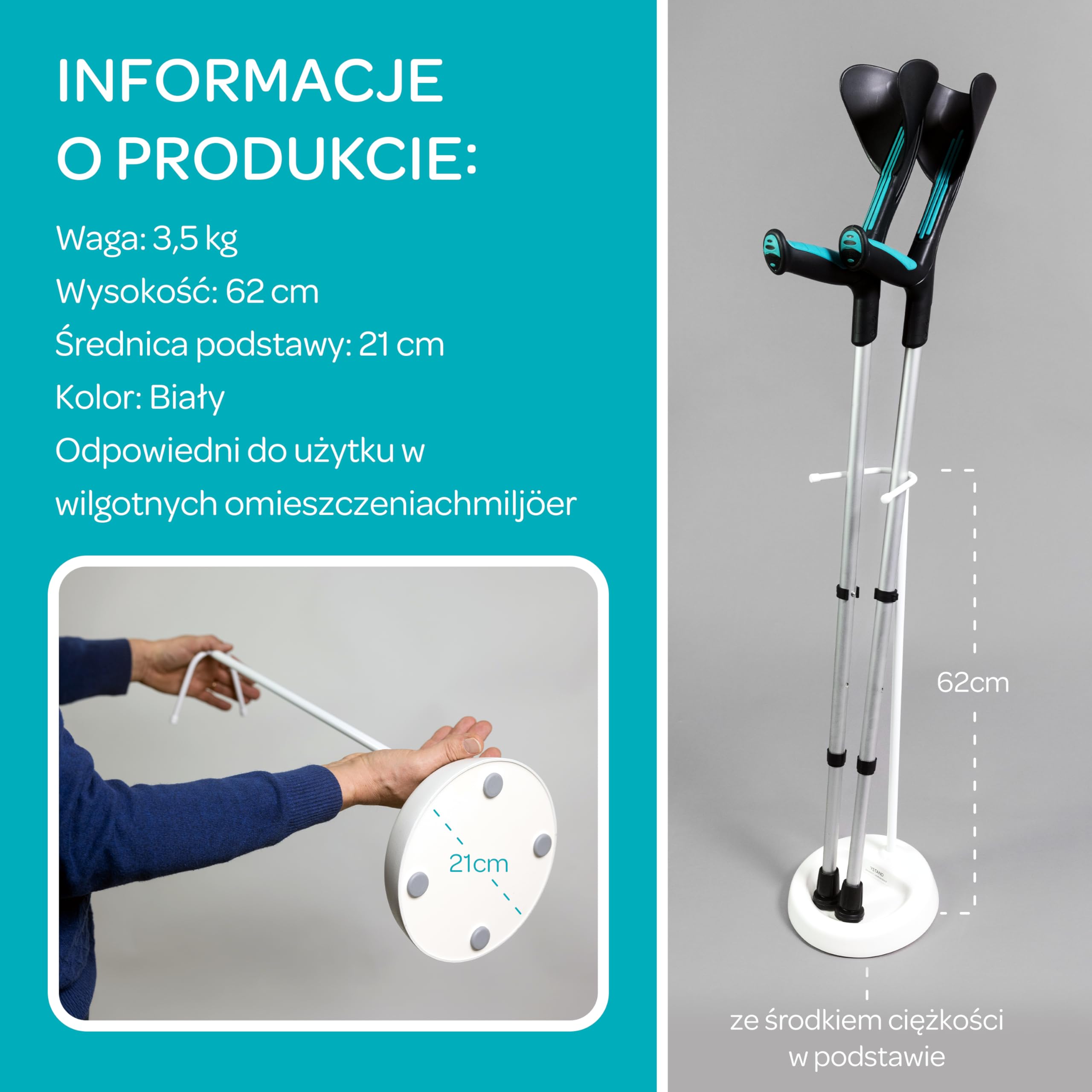 Stojak pod pachami – lekki, przenośny uchwyt na kule 62 cm, stabilne uchwyty do lasek i kul, akcesoria do kul
