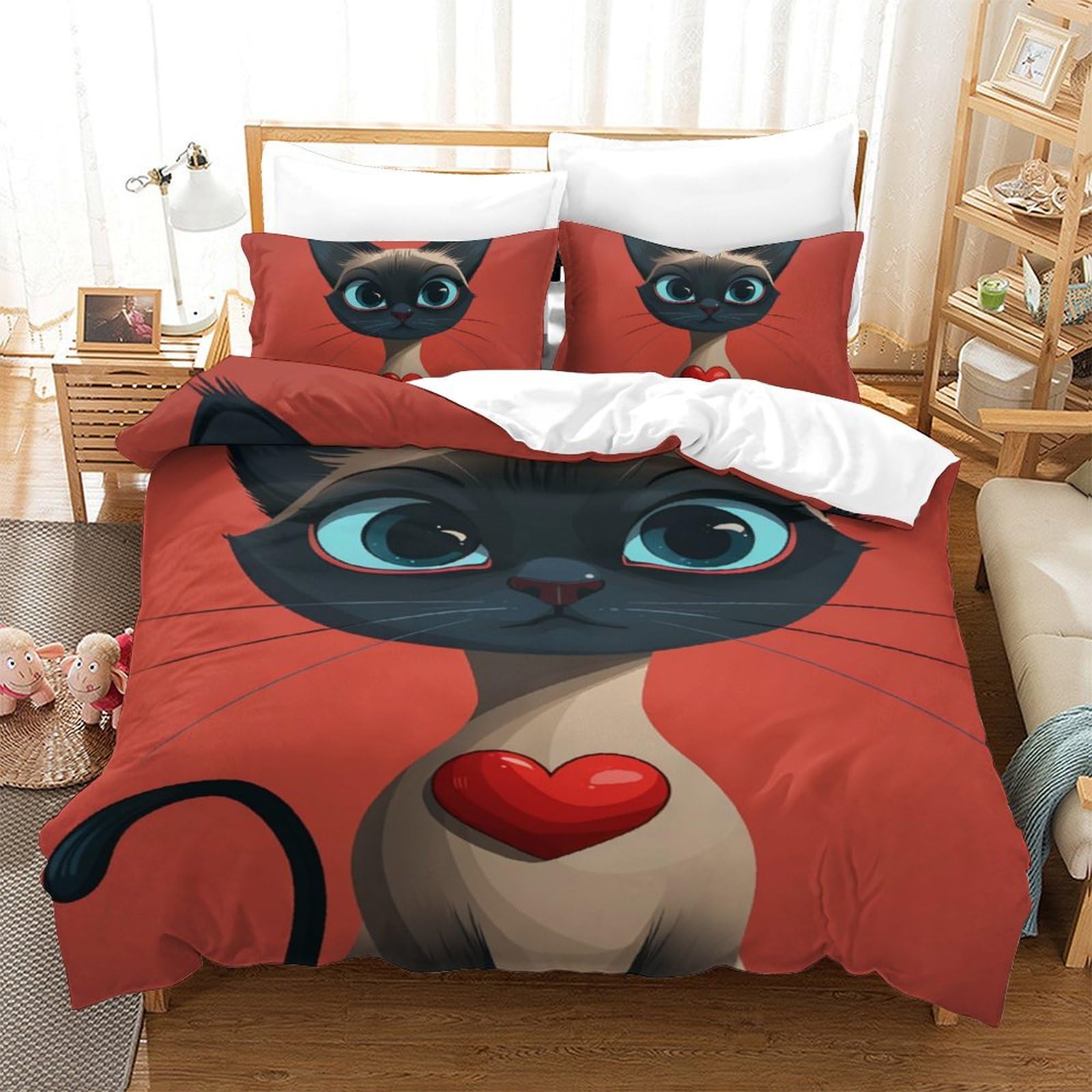 Housse de couette chat siamois 3D 140x200 parure de lit 3 pièces lit simple ado adulte