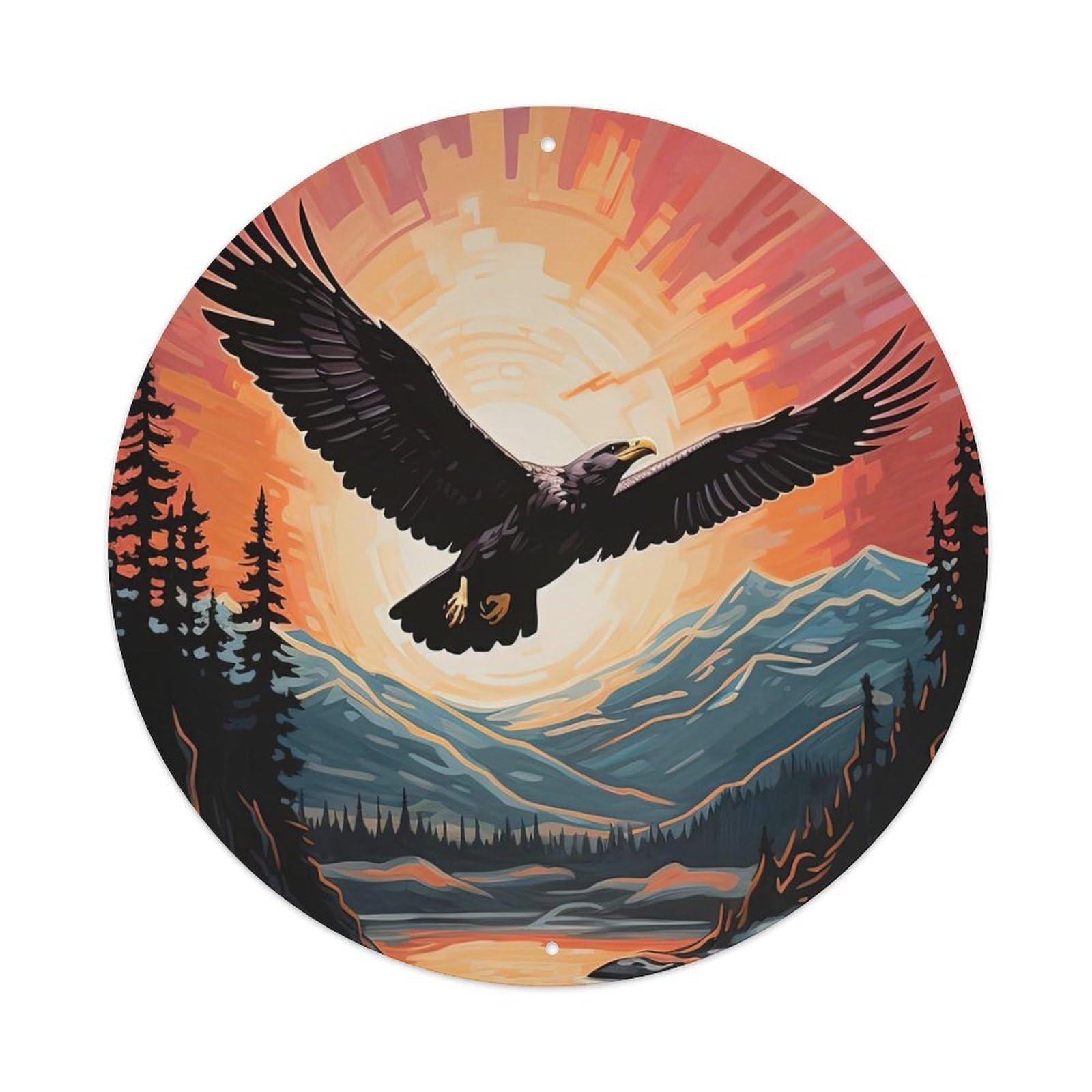 Animal Art Bald Eagle at Sunset Vintage Metal Tin Sign Plaque Wall Decor for Cafe, Club, Garden Round Metal Poster 8x8Inch