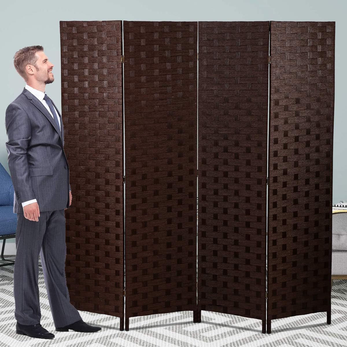 Meet Perfect 4-Panel Room Divider Privacy Screen,6 FT Wooden Woven Folding Screen,Foldable Mesh Wall Divider, Freestanding Room Partitions/Separator/Dividers Double-Weaved with Two-Way Hinges- Brown