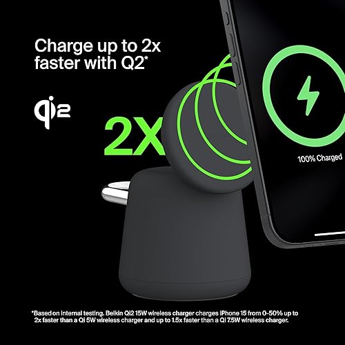 Miniatura 2 de Belkin Base de carga inalámbrica Qi2 2 en 1 de carga rápida de 15 W, cargador de iPhone compatible con iPhone 17, 16, 15, 14 y 13, AirPods y otros