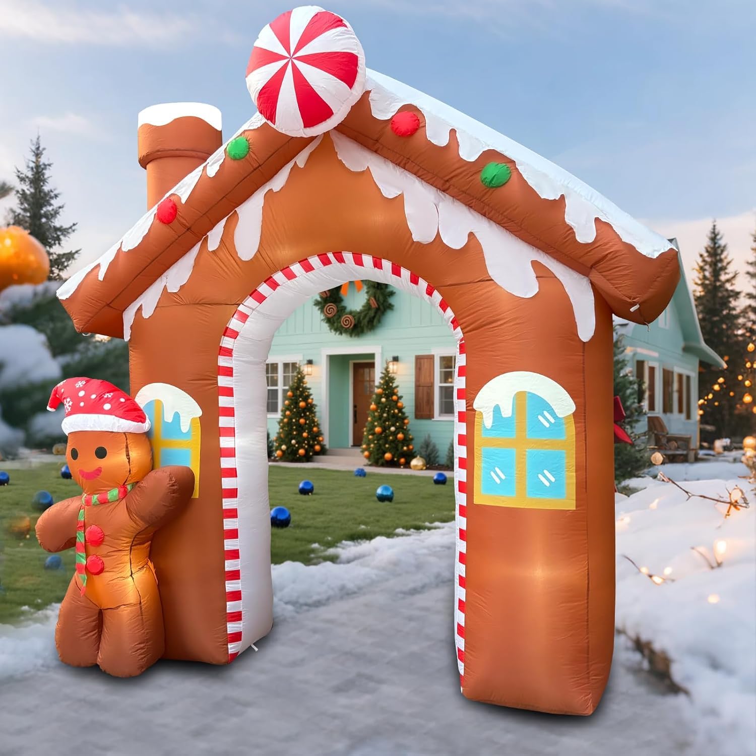 Arco de Navidad inflable para casa de jengibre de 3 m, con hombre de jengibre, decoración exterior con luces LED integradas para jardín, césped, fiestas de Navidad y otras ocasiones festivas
