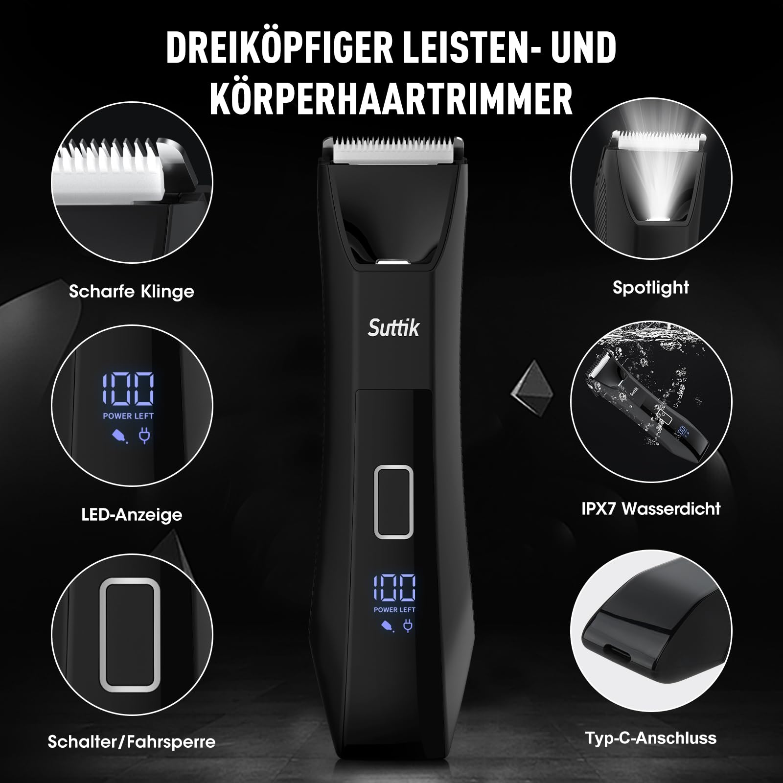Suttik 3 IN 1 Intimrasierer Trimmer für Männer Körper & Kugelhaartrimmer Nasenhaartrimmer Nass-/Trocken Elektrischer Rasierer IPX7 Wasserdichtes Herren-Pflegeset mit Reiseetui