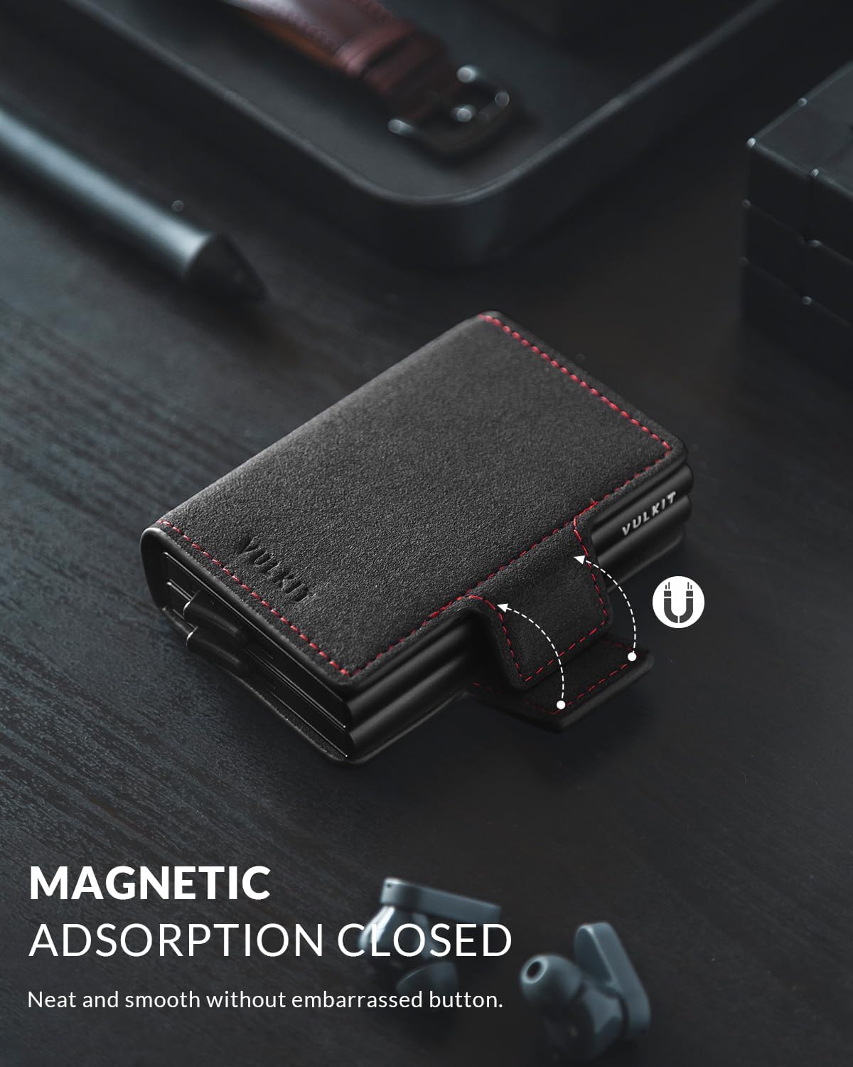 VULKIT Credit Card Holder RFID Blocking Leather Automatic Pop Up Wallet Magnetic Wallet Double Card Case for Men and Women - Image 5