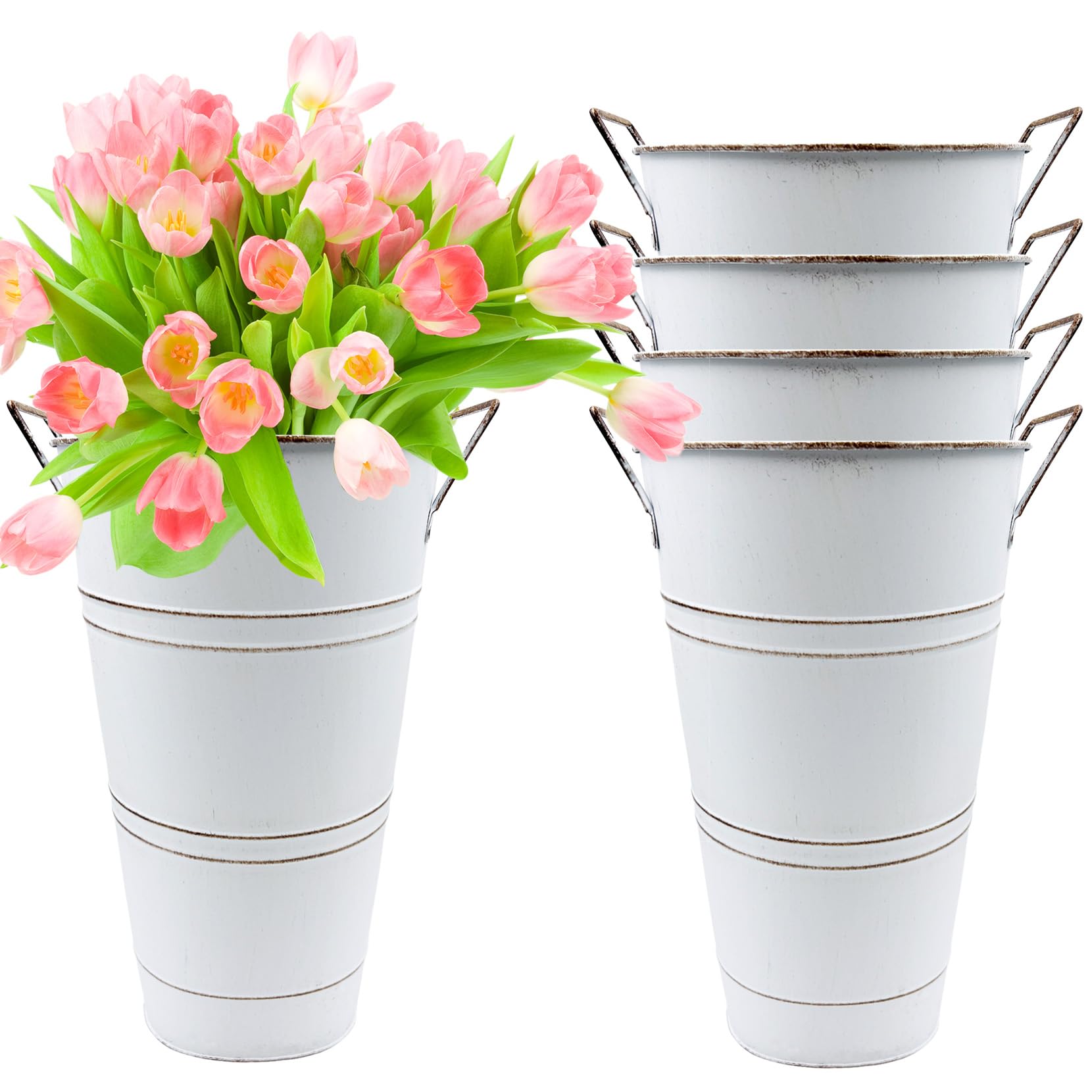 Galvanized Flower Bucket 4 PCS Rustic Floral Metal Vases with Handles for Home Wedding Table Centerpiece Decor (White, 12 Inch)