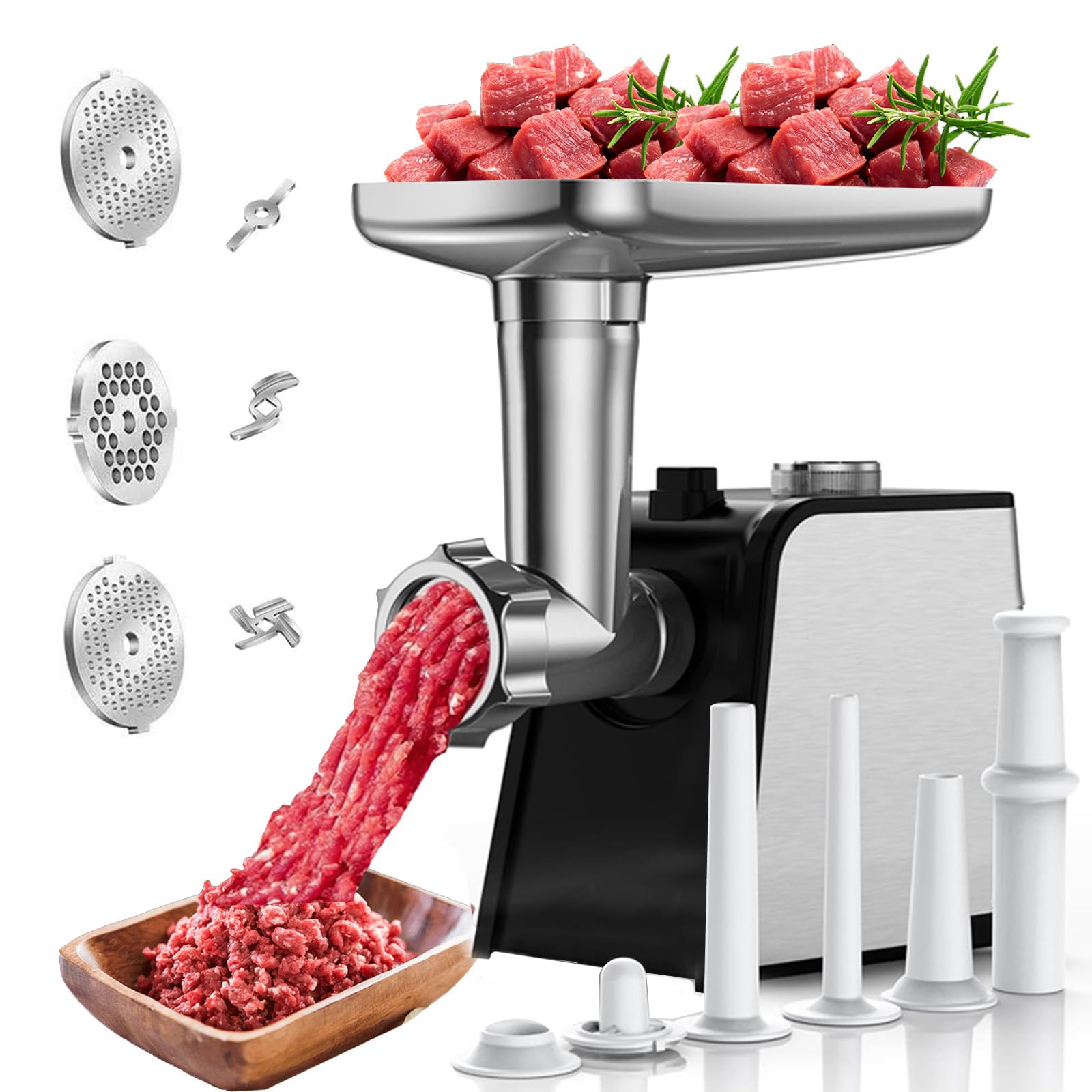 Picadora de carne eléctrica 3 en 1 con embutidora, picadora de carne eléctrica y embutidora con 3 tubos de embutido, 2 moldeadores de albóndigas, 2 cuchillas de acero inoxidable y 3 placas de picado