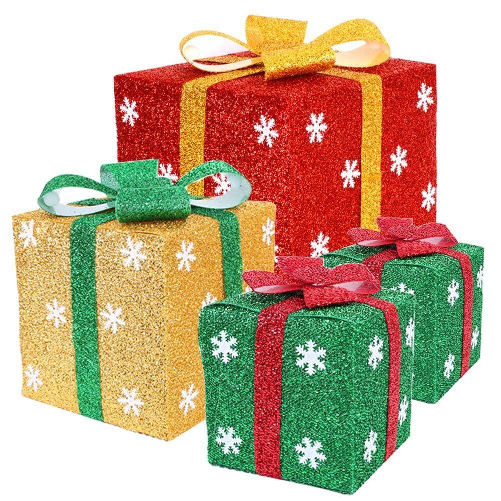 Fituenly As Shown 4Pcs Christmas Boxes Decorations Christmas Tree Ornament Red Green Yellow Snowflake Boxes With Bows For Home Yard Party Decor