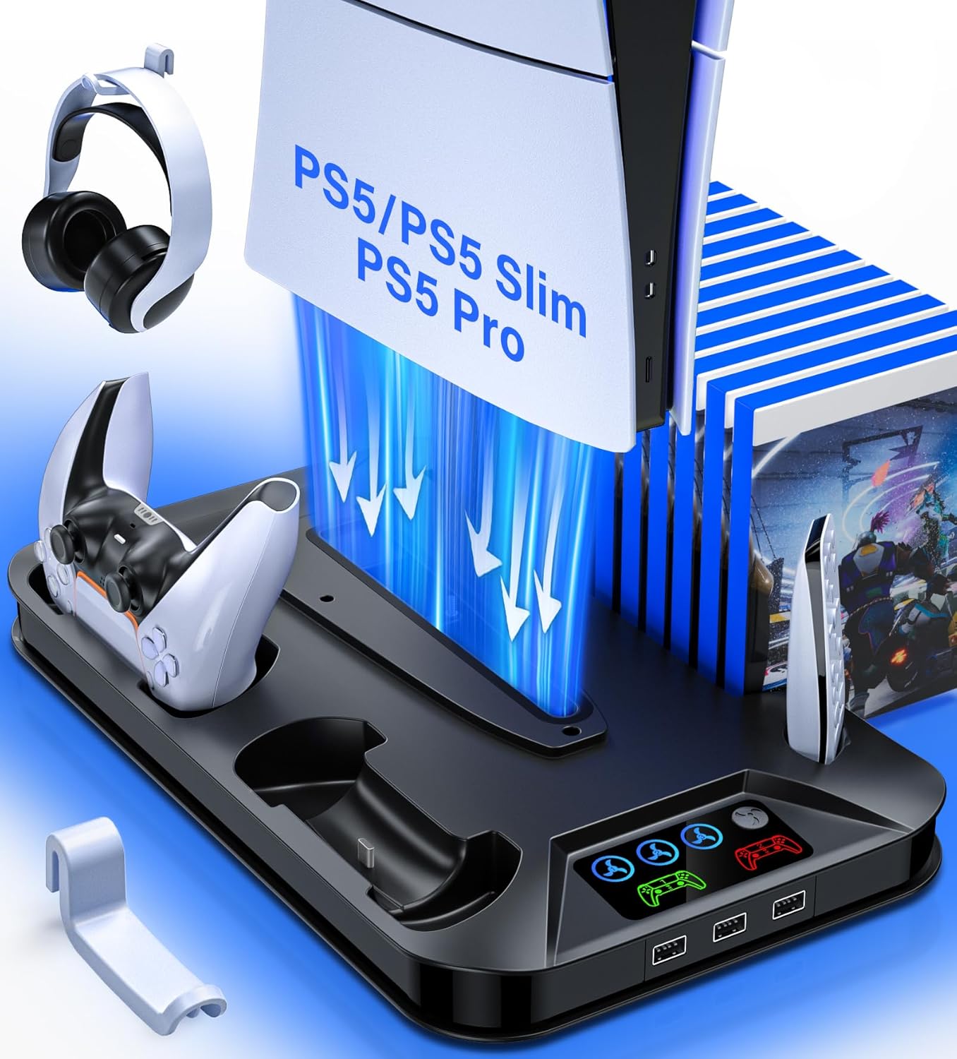 PS5/Slim/Pro Cooling Station, PS5 Slim Pro Cooling Stand with Controller Charging Station for PlayStation 5 Console, PS5 Cooling Accessories incl. Cooler Fan, USB Hubs, Headset Holder