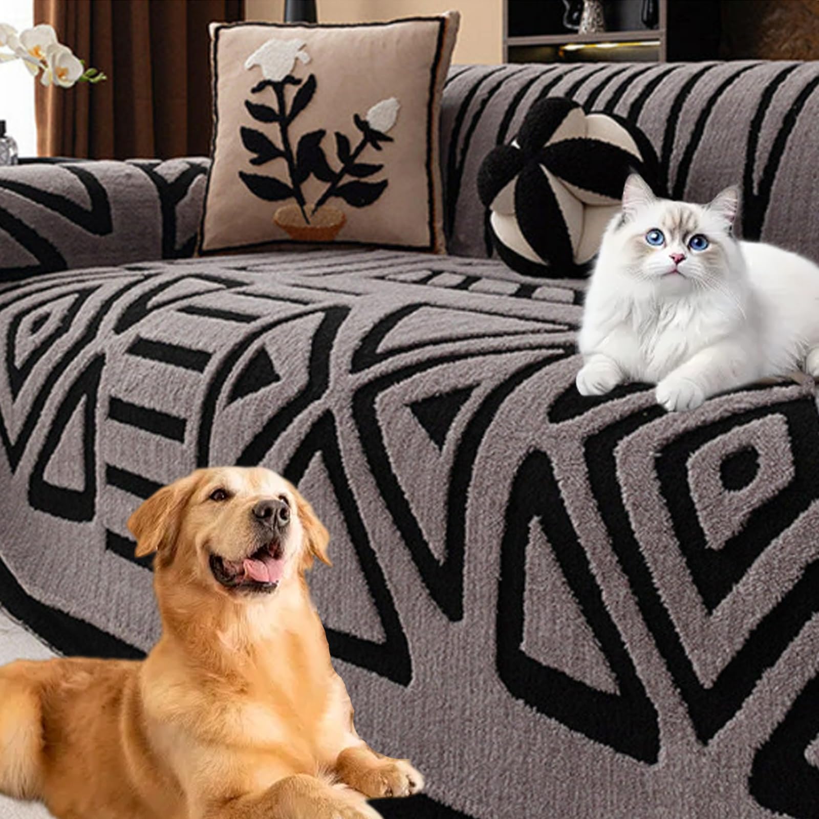 Housse de canapé en peluche antidérapante extensible protection griffe chat anti poils animaux pour canapé d'angle 3 places Gris Clair 180x200 cm
