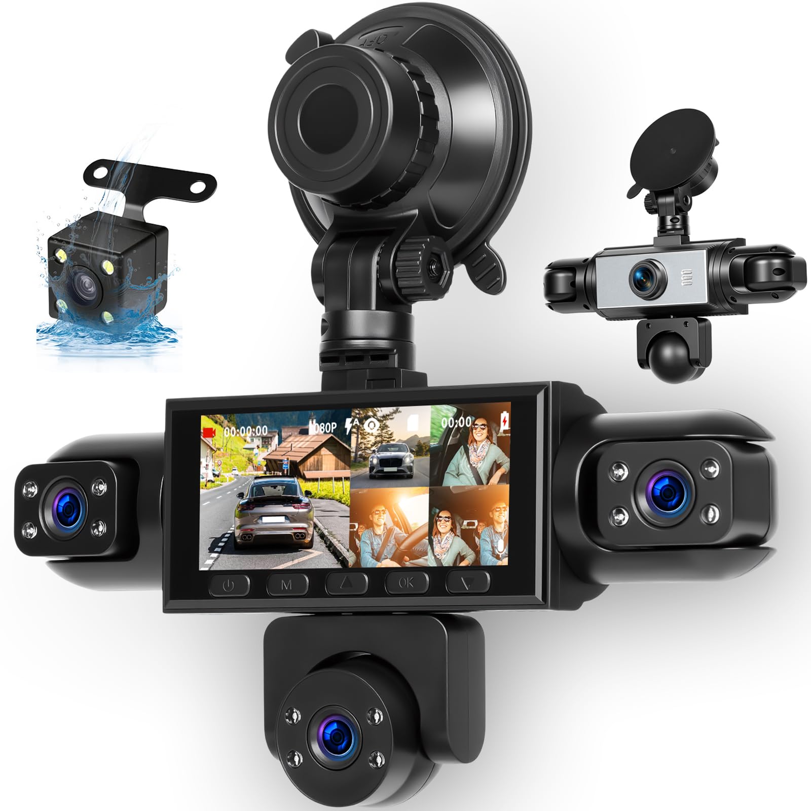 Dash Cam Auto 5 Canali 1080P Fronte Retro e Interno, Schermo IPS da 3,16" | Telecamera da Cruscotto Auto 360 Gradi, Monitoraggio Parcheggio 24 Ore, G-Sensor, Registrazione in Loop, Facile Installazione