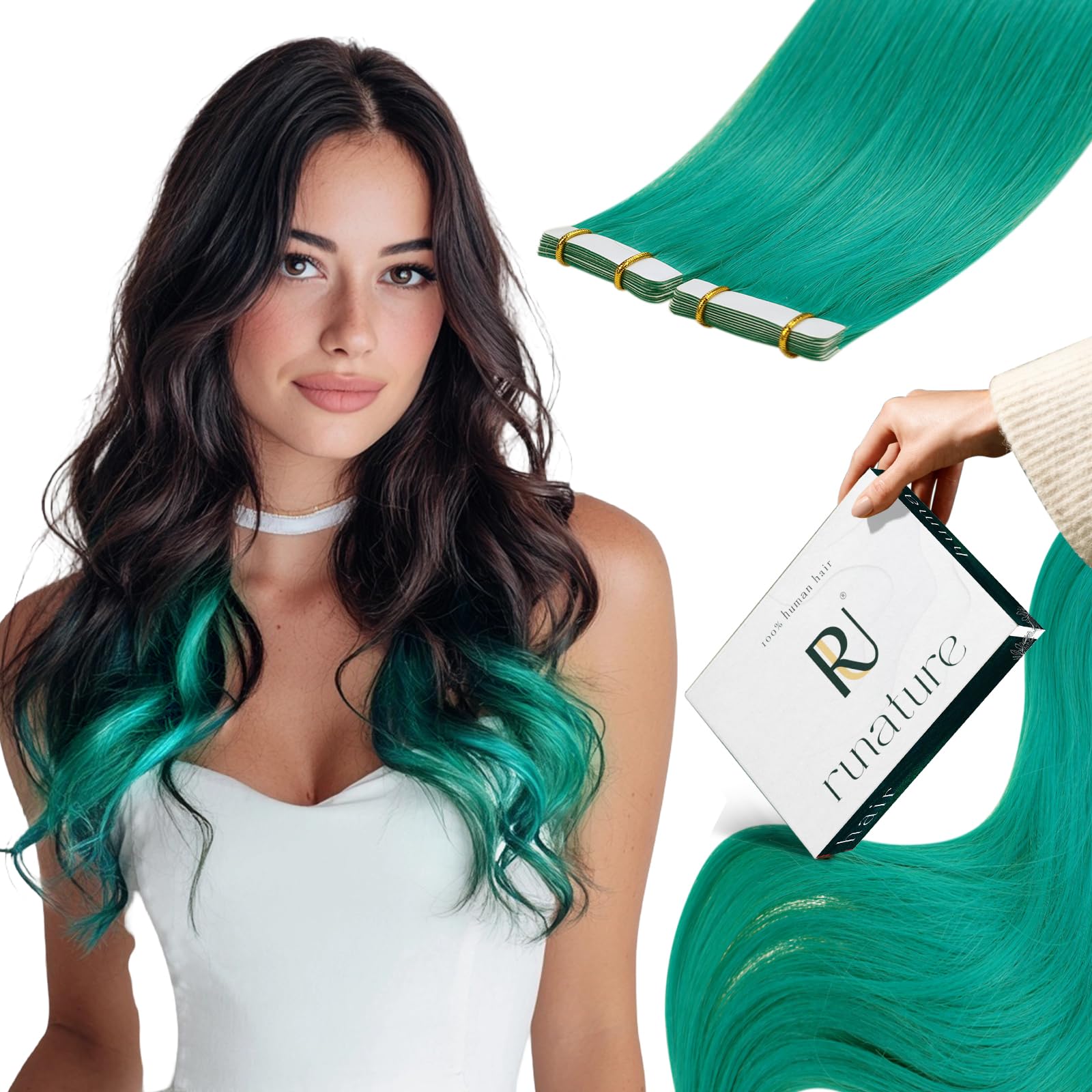 RUNATURE 16 Inch Tape in Hair Extensions Human Hair Teal Tape Hair Extensions Real Human Hair Green Invisible Tapes Hair 25 Gram