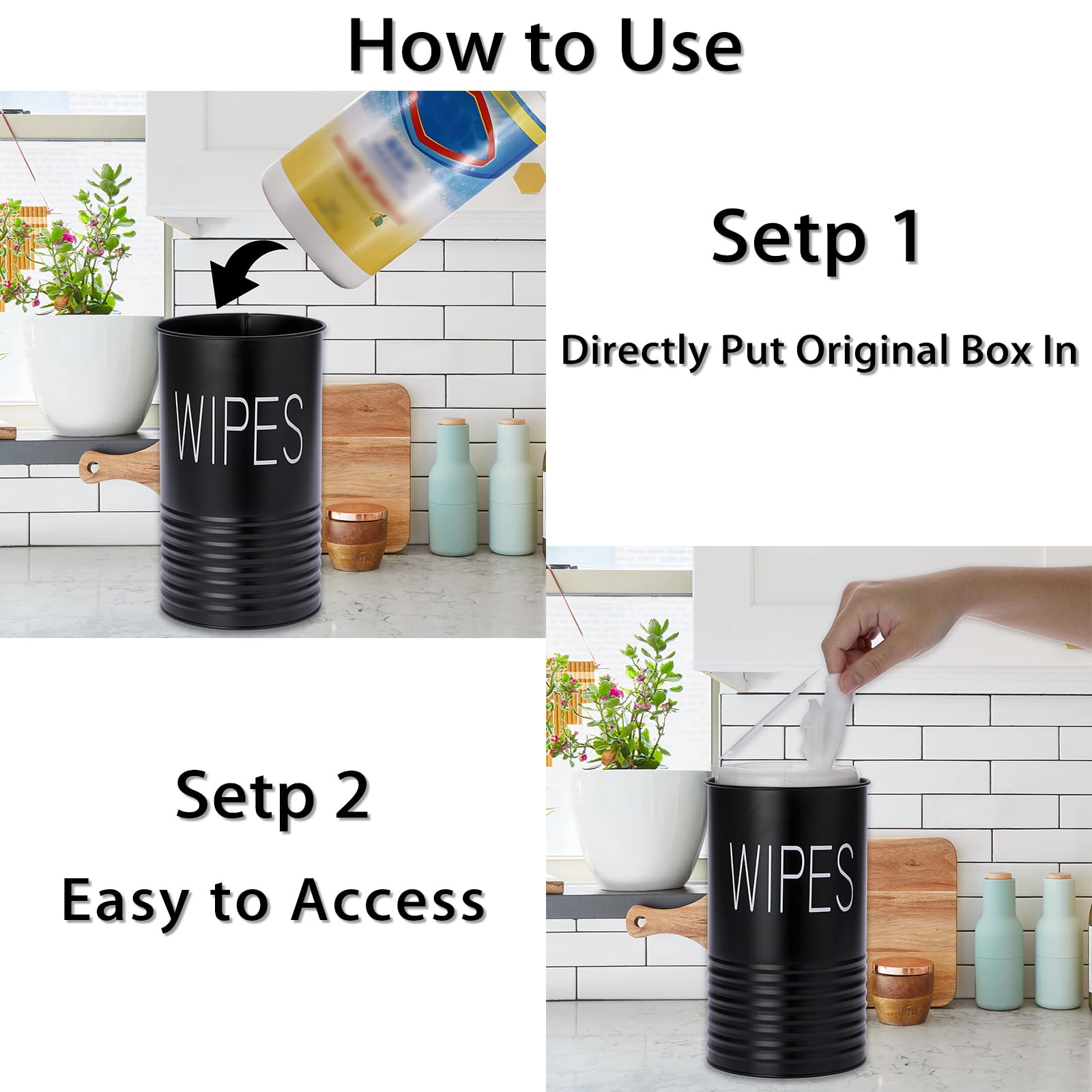 Kokone Dispensador de toallitas de granja con acabado mate, compatible con Clorox Lysol, resistente soporte de toallitas de hierro galvanizado para cocina, baño, oficina, mesa escolar, color negro