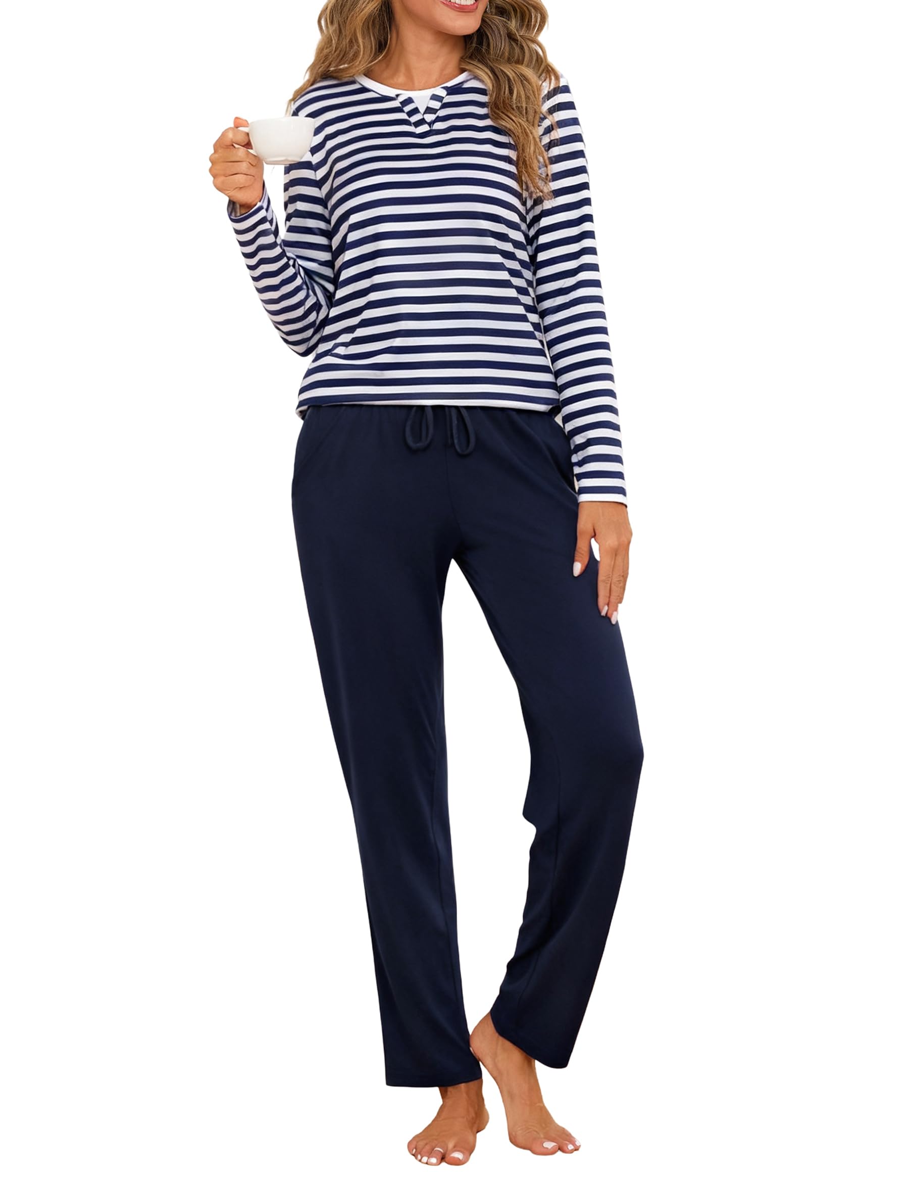 Jahetuul Schlafanzug Damen Langarm Baumwolle Rundhalsausschnitt Zweiteiler Nachtwäsche Set Winter Hausanzug