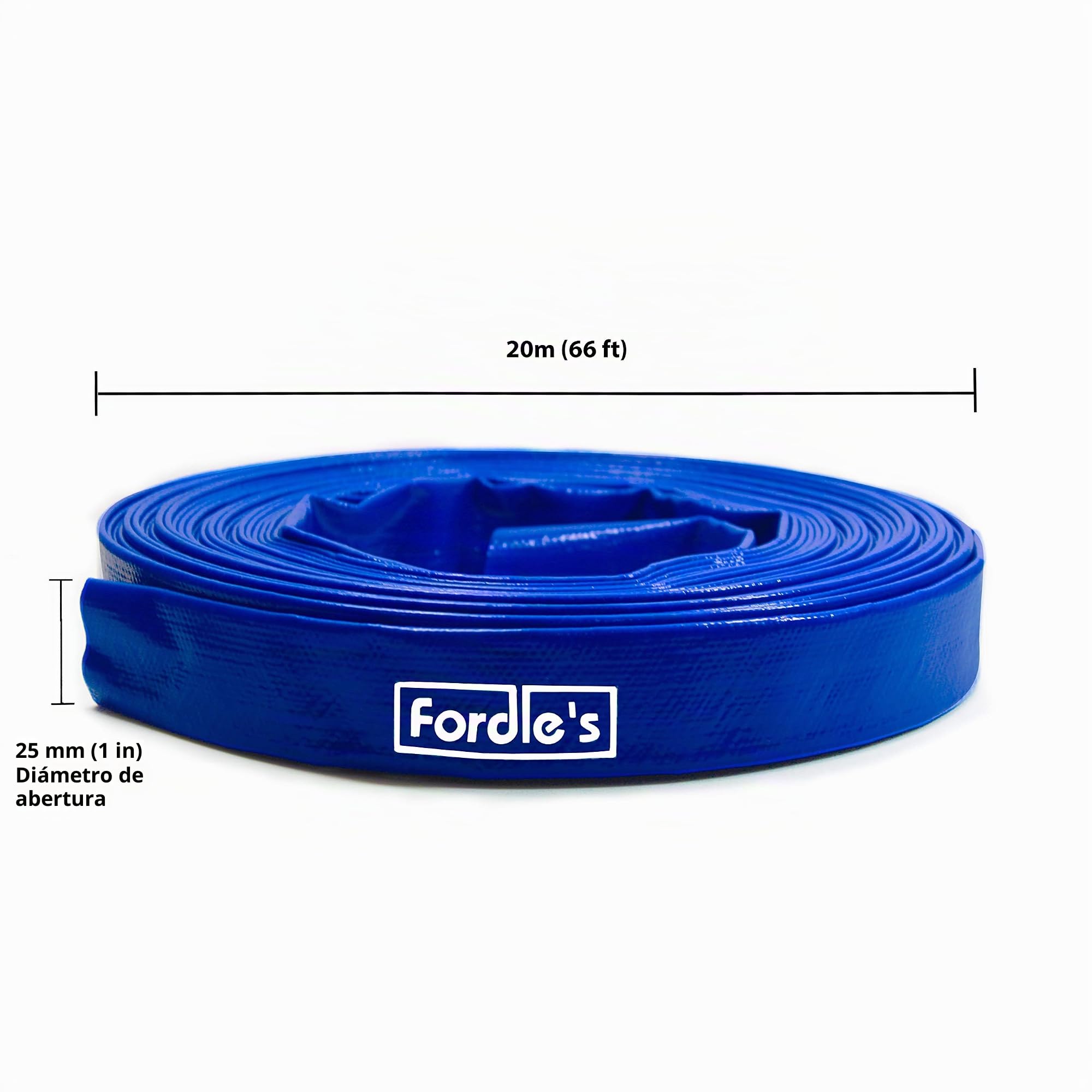 Fordle’s 20m x 25mm de Diámetro Tubo de Manguera de Descarga Layflat Compatible con Bomba de Agua Sumergible - PVC Azul Reforzado con Poliéster - Incluye 2 Clips
