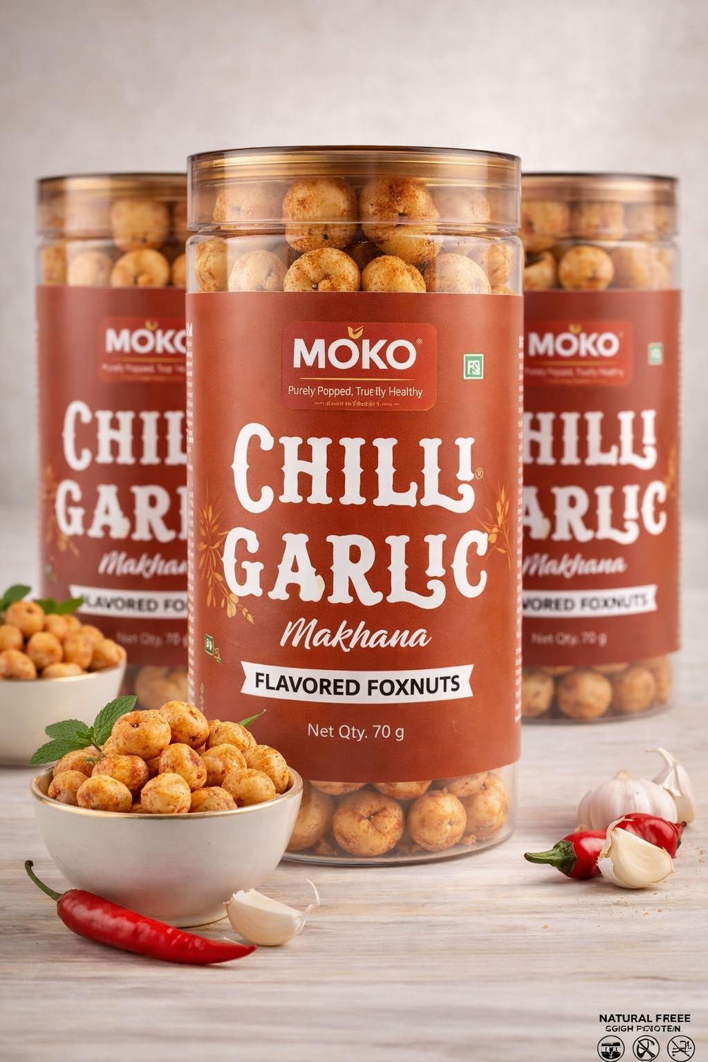 MOKO - Purely Popped. Truly Healthy Chilli Garlic Makhana (Flavored Foxnuts) β Roasted, Gluten-Free, High Protein Snack | Healthy Lotus Seeds | Light & Crunchy Evening Snack | 70g 1