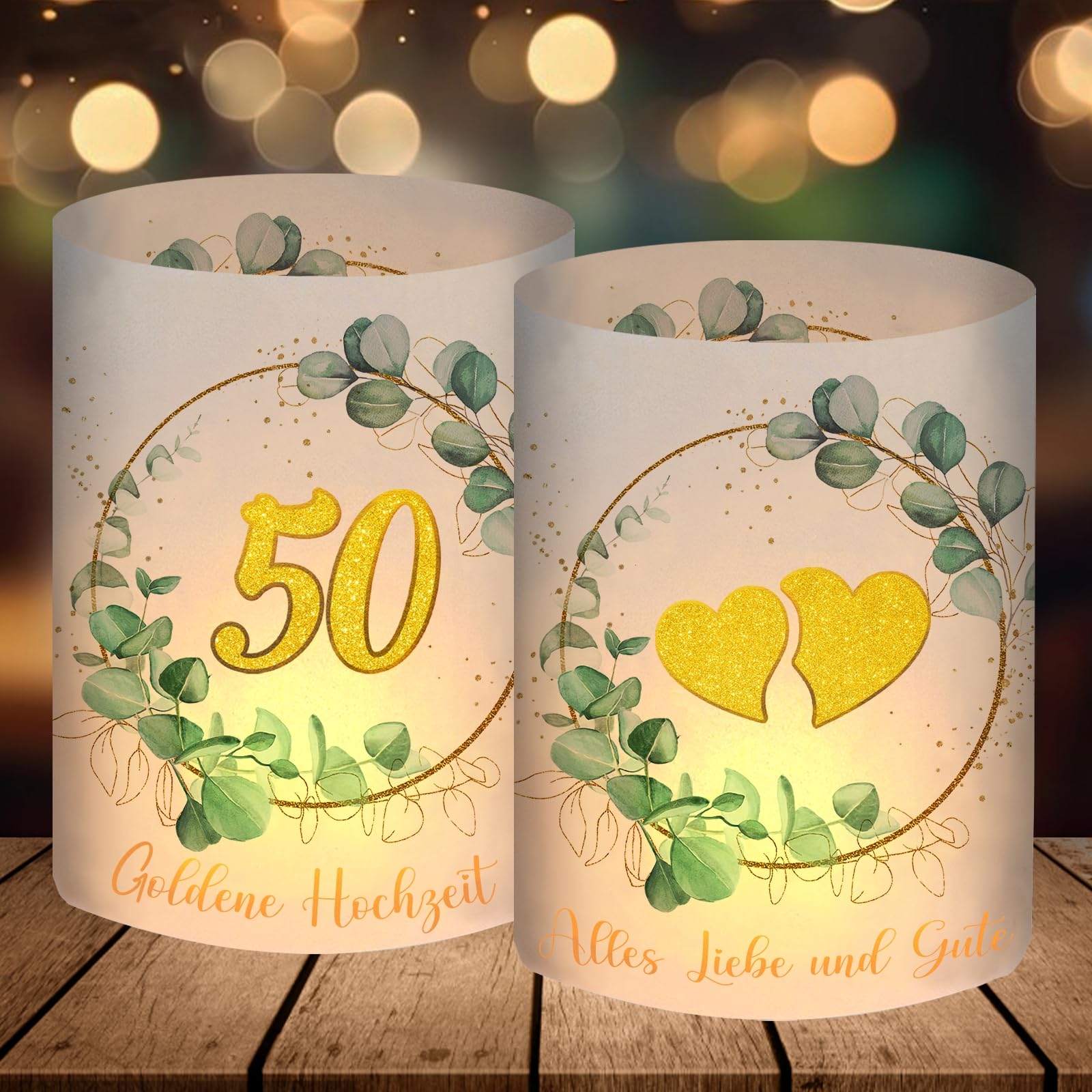 12 Windlicht Tischdeko, Goldene Hochzeit Deko Eukalyptus Grün, 50 Jahre Hochzeit Geschenk, 50. Hochzeitstag Geschenk, Tisch Deko zur Goldhochzeit
