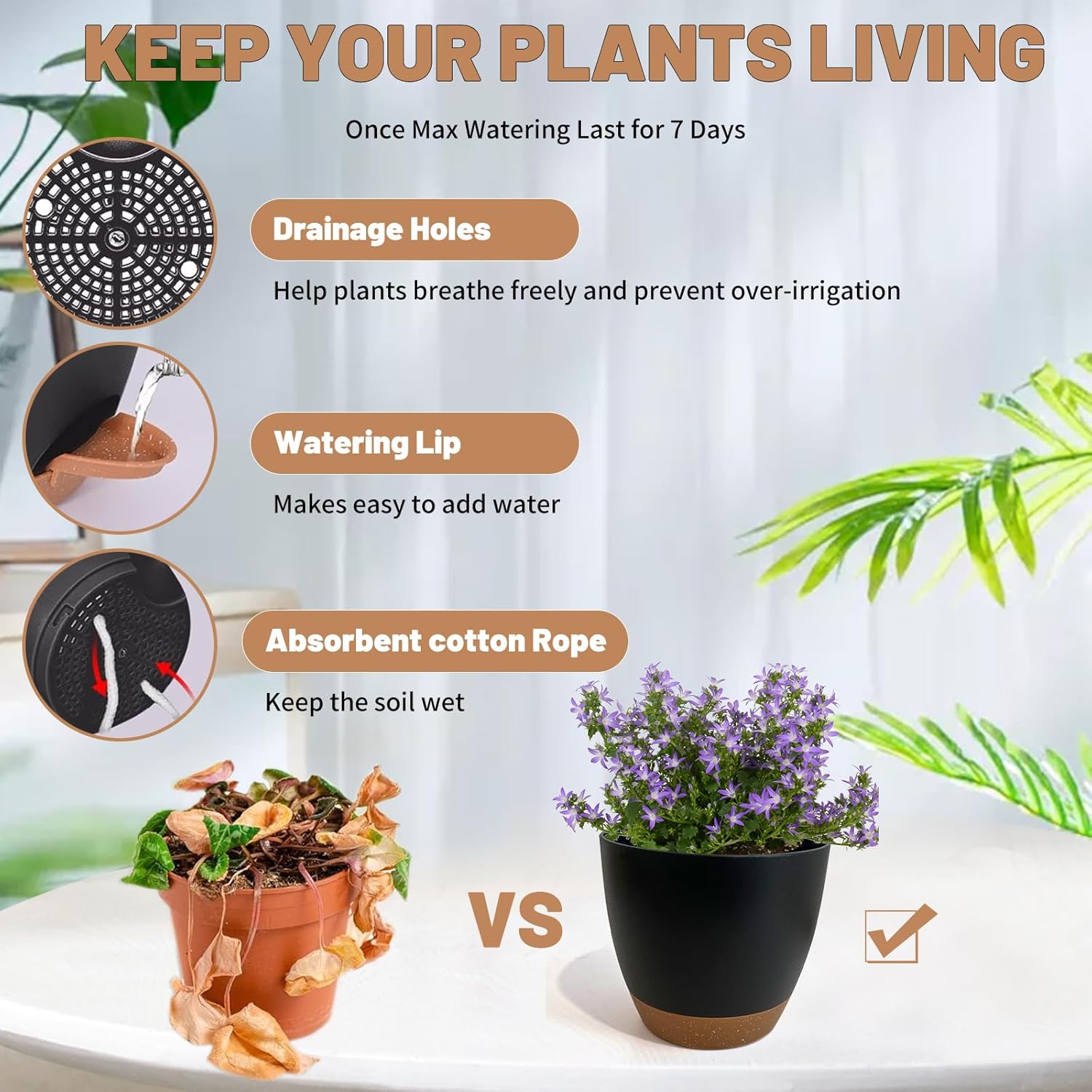 LIFFY Plant Pots, 8,7.5,7,6.5,6,5.5,5 Inch Plastic Self Watering Planters with Drainage Holes & Saucers, 7-Pack Black Nursery Planting Pot with Deep Reservoir for Indoor Outdoor Plants