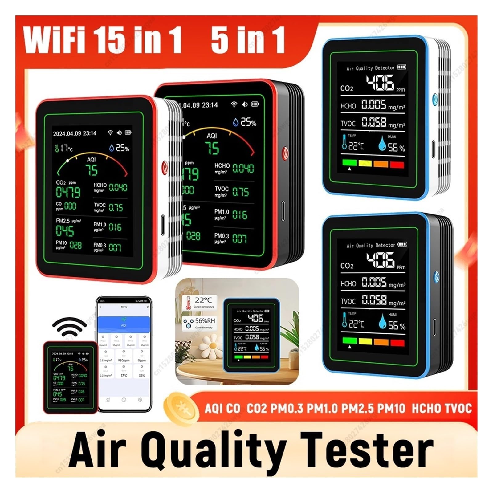 Monitor de calidad del aire, Monitor De Calidad Del Aire Interior WiFi 15/5 En 1, Analizador Gas Con Control Por Aplicación PM0.3 PM1.0 PM2.5 PM10, Sensor Detector For El Hogar(White 15 in 1)