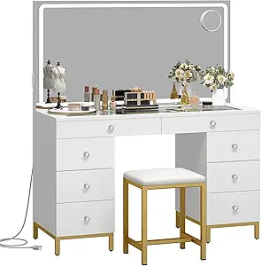 DWVO Vanity Desk with Lights and Stool, Power Outlet, 9 Drawers Makeup Table, Large LED Mirror with 3 Color Lighting Modes, for Bedroom and Dressing Room, Milky White
