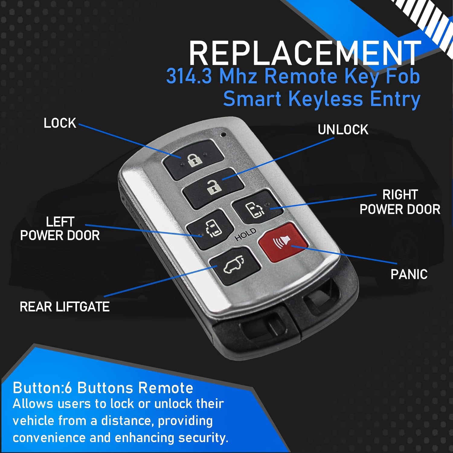 314.3 Mhz Smart Keyless Entry Remote Control Compatible with 2011-2020 Toyota Sienna FCC HYQ14ADR Board ID 271451-5691 GNE IC 1551A-14ADR Chip ID74 6 Buttons Key Fob Replaces 89904-08010