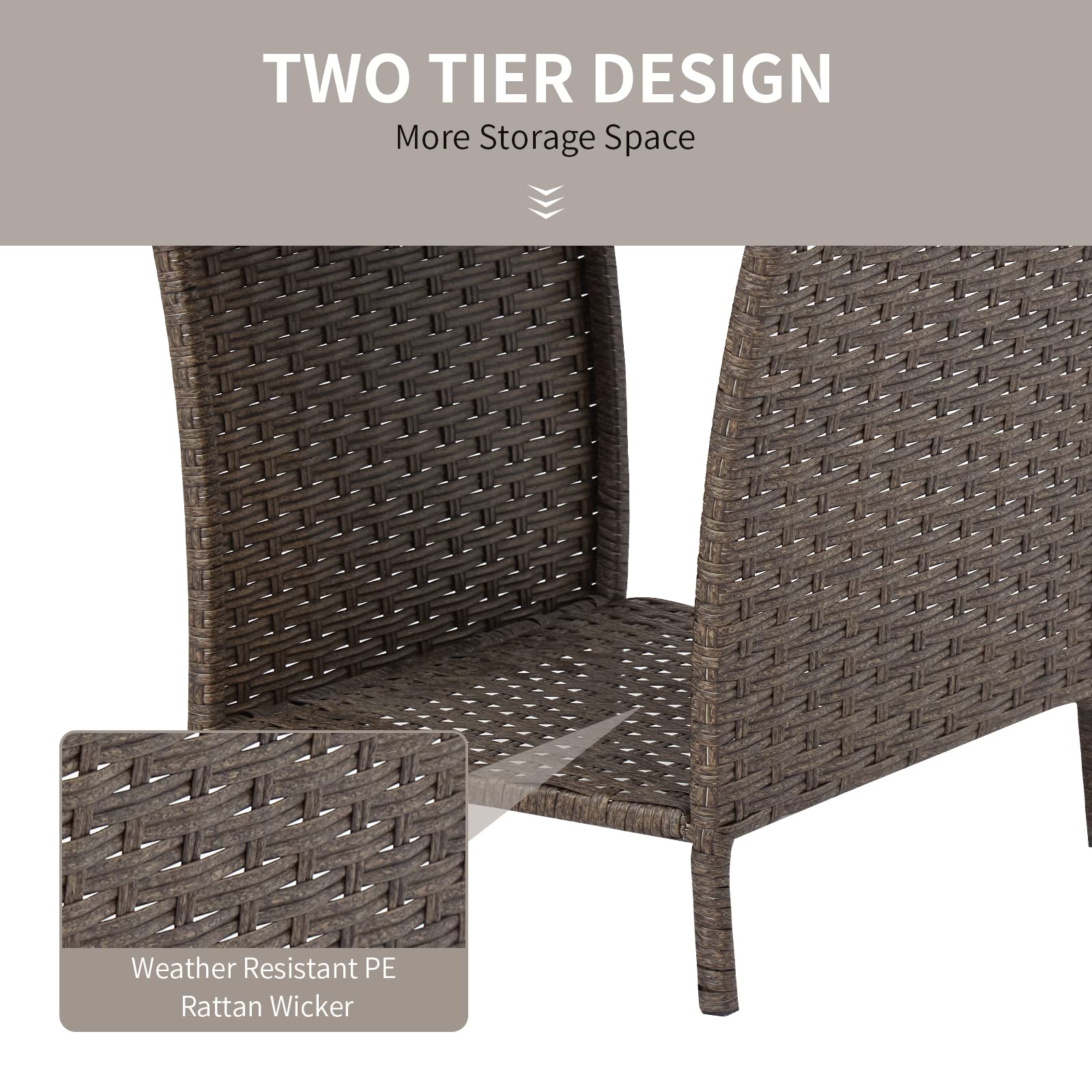 Tavolino Da Esterno In Vimini E Rattan Con Piano In Vetro E Ripiano | Tavolo Quadrato Oro Per Patio, Giardino E Balcone | Mobiletto Portaoggetti In Ferro E Sintetico
