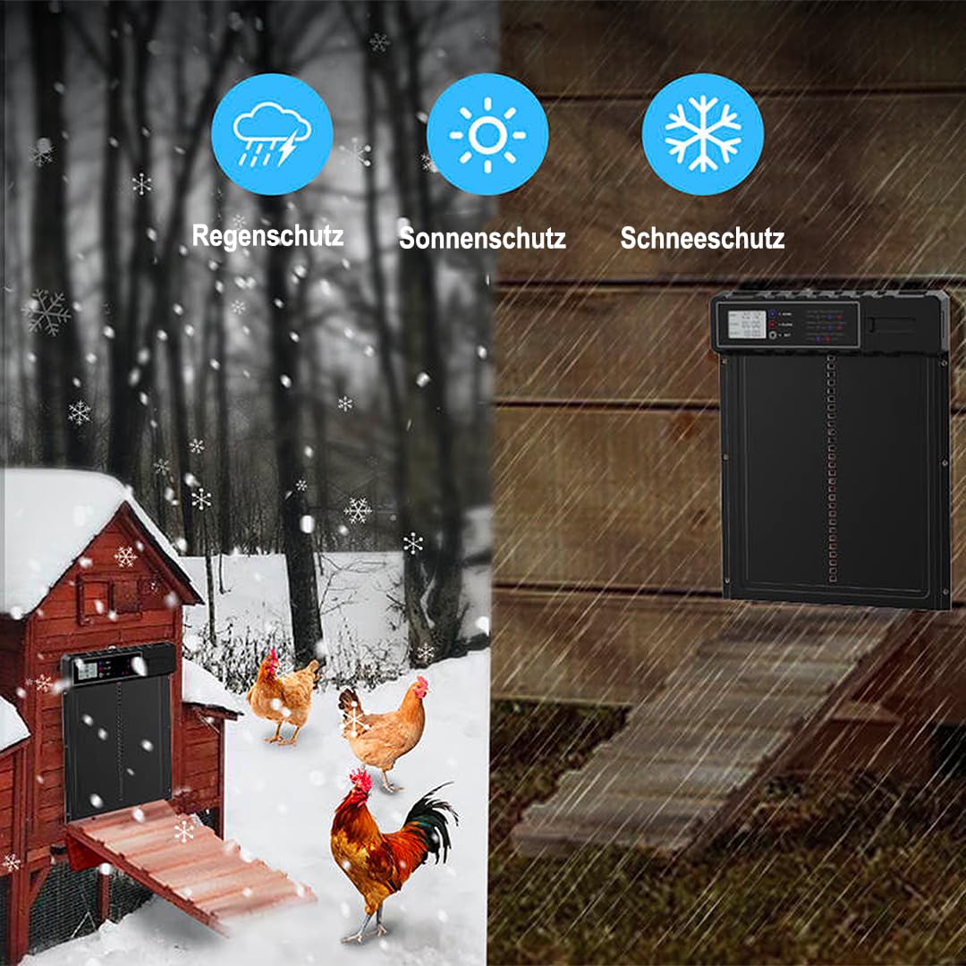Aka & Lou elektrische Hühnerstalltür mit Zeitschaltuhr und manuell programmierbarem LCD-Bildschirm. Automatische Hühnerklappe mit Batteriebetrieb, groß, robust.