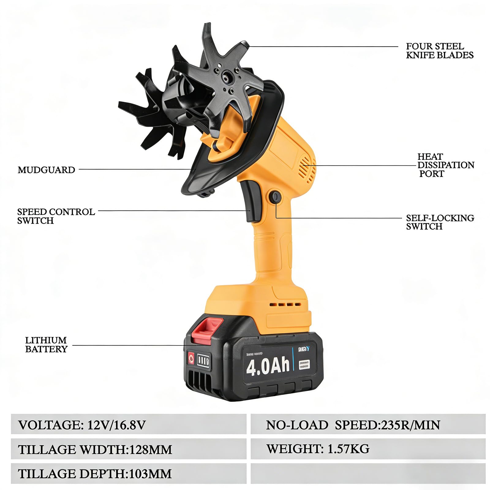 Cultivador de Mano de 16,8 V/21 V, Minicultivador Inalámbrico con 2 Baterías, Ancho de Labranza de 12,8 Cm, Profundidad de 10,3 Cm, Rotavator Eléctrico de Jardín, Cultivador de Cultivadors 2*1500mAh